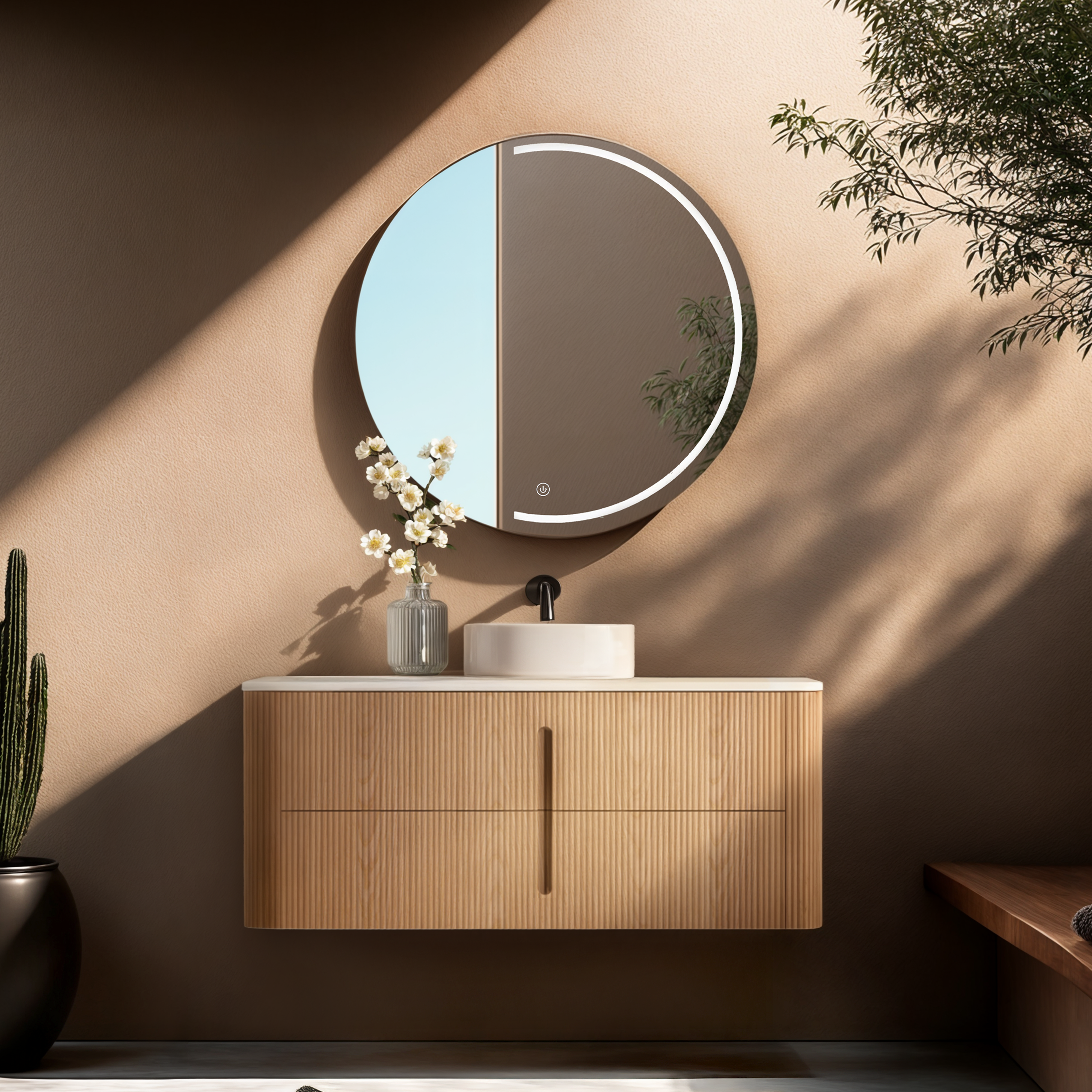 ORIO PINE LIGHT WALNUT FLUTED 1200MM CURVE SINGLE BOWL WALL HUNG VANITY