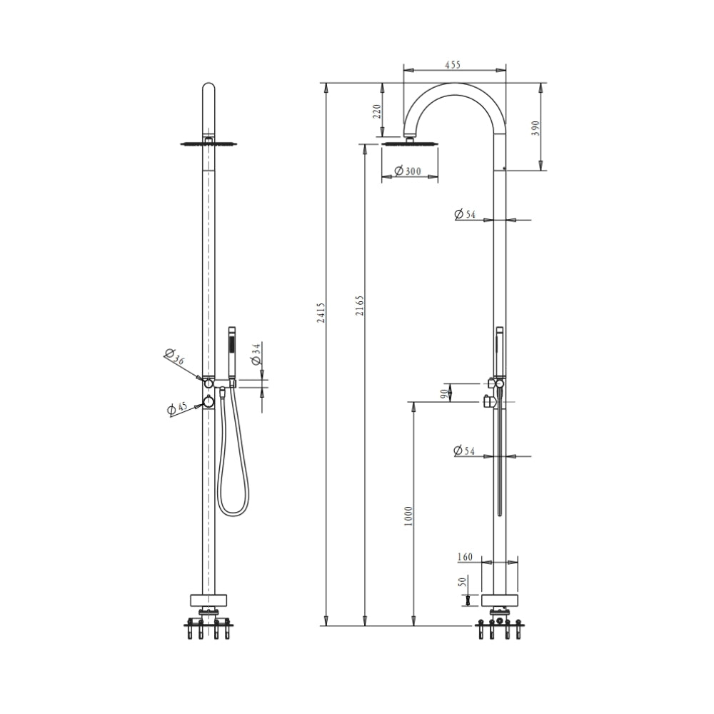 BELLA VISTA MICA GOOSENECK FREESTANDING OUTDOOR SHOWER 2415MM GUN METAL