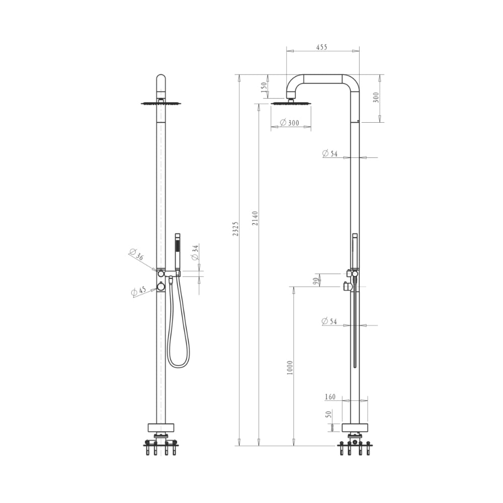BELLA VISTA MICA SOFT-SQUARE FREESTANDING OUTDOOR SHOWER 2325MM FRENCH GOLD