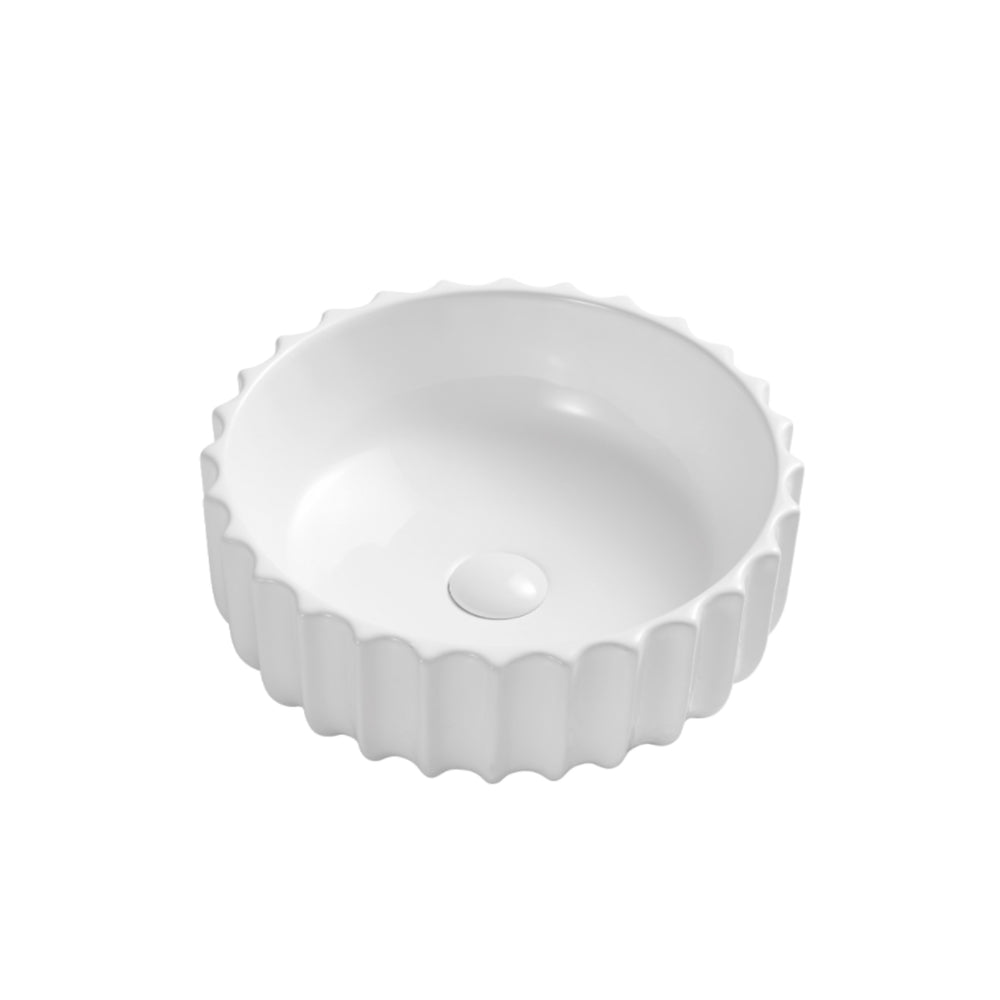 VITO OSLO FLUTED ROUND CERAMIC ABOVE COUNTER BASIN GLOSS WHITE 420MM