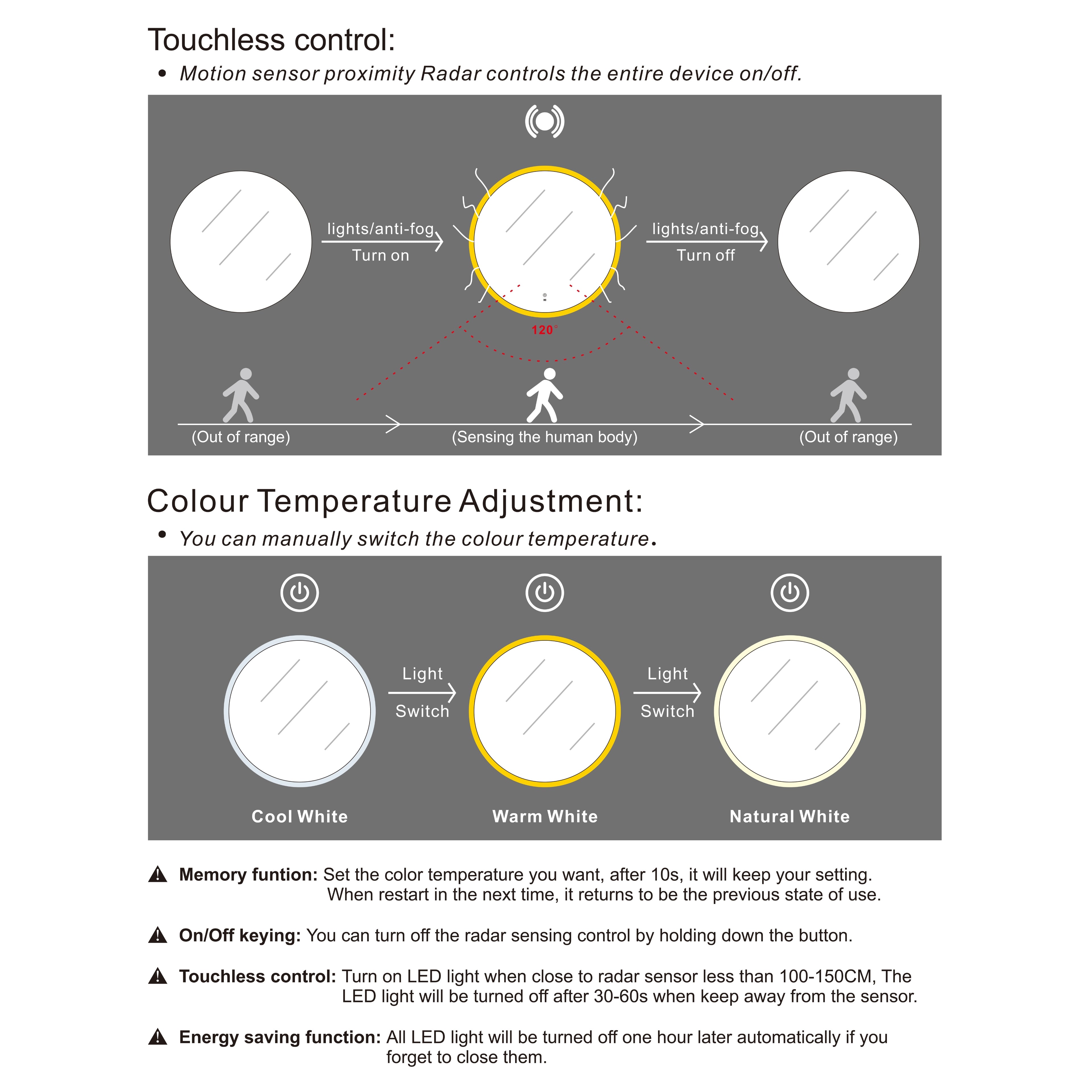 OTTI BONDI FRAMELESS ROUND LED MIRROR 3 COLOUR LIGHTS 800X800MM