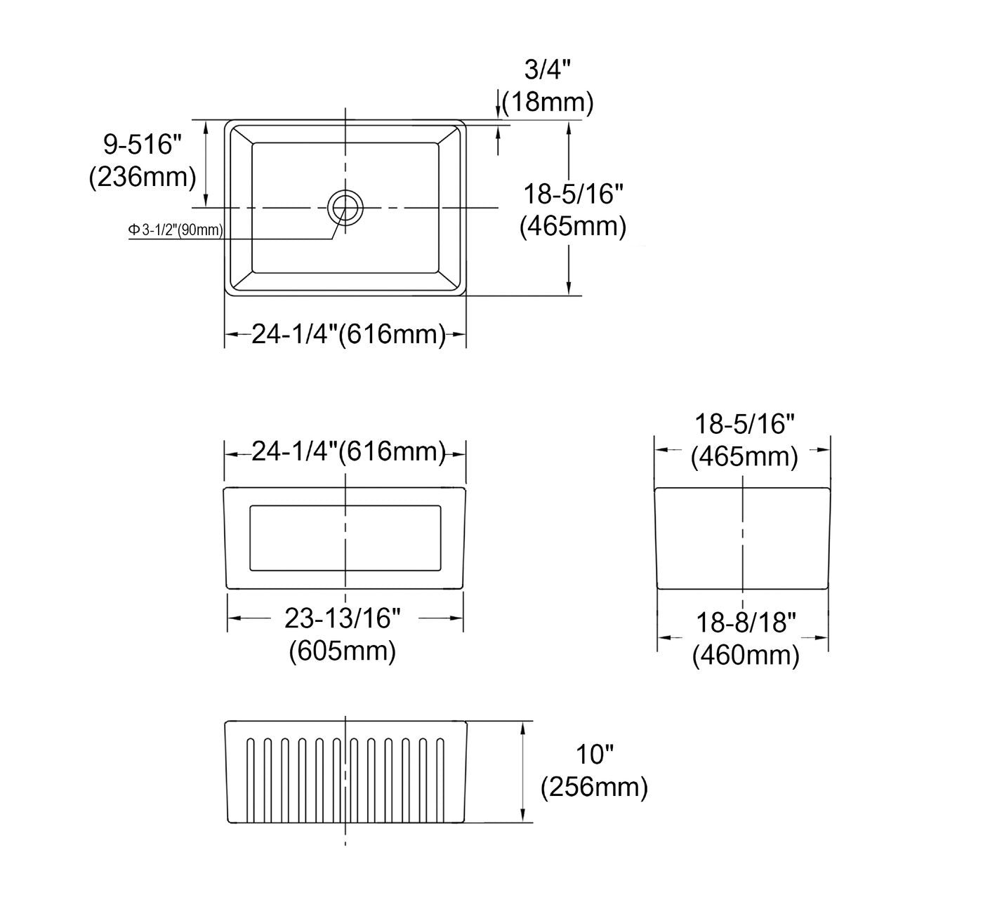 OTTI HAMPSHIRE BUTLER SINK WHITE 616MM