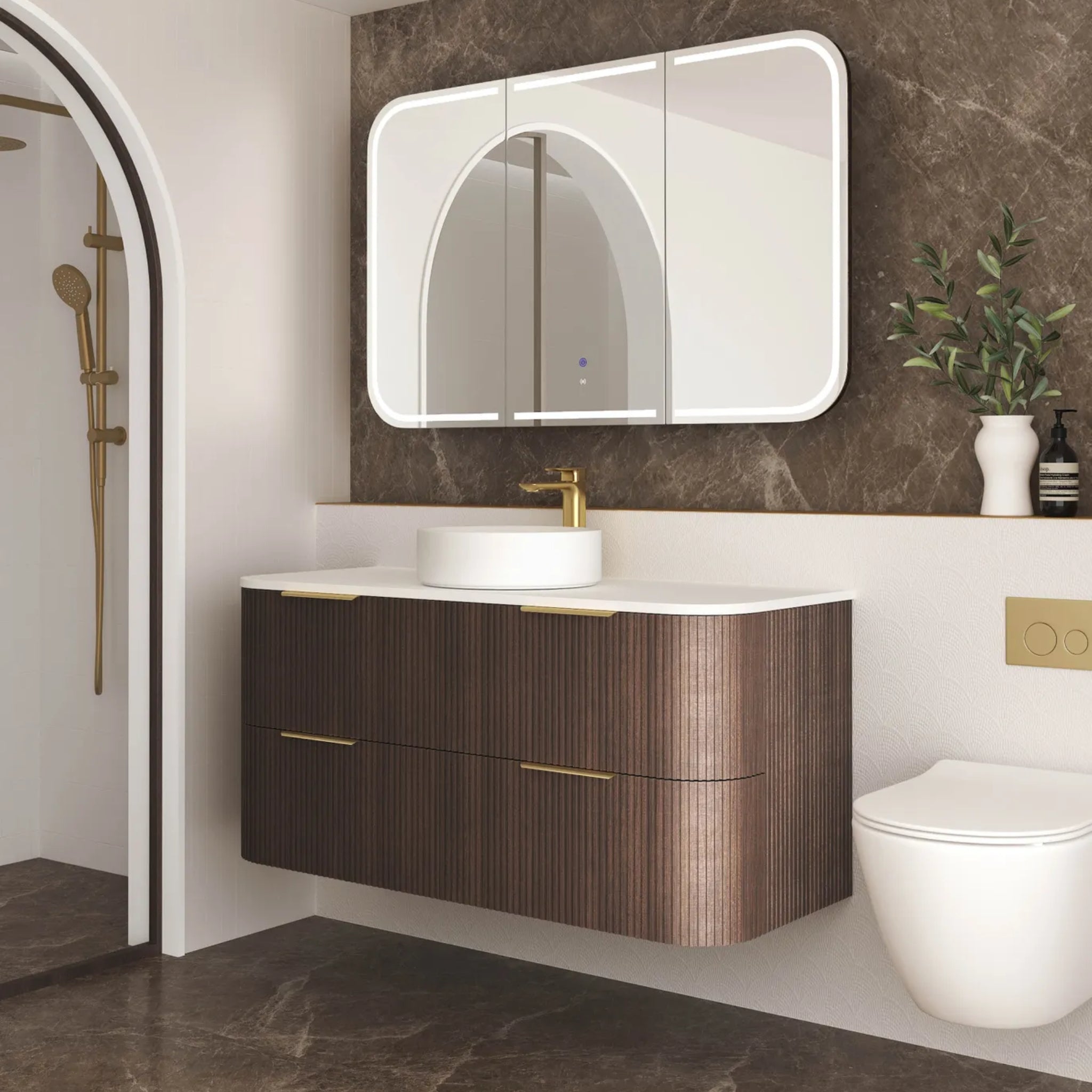 OTTI HAVANA SABLE WALNUT FLUTED 1200MM CURVE SINGLE BOWL WALL HUNG VANITY