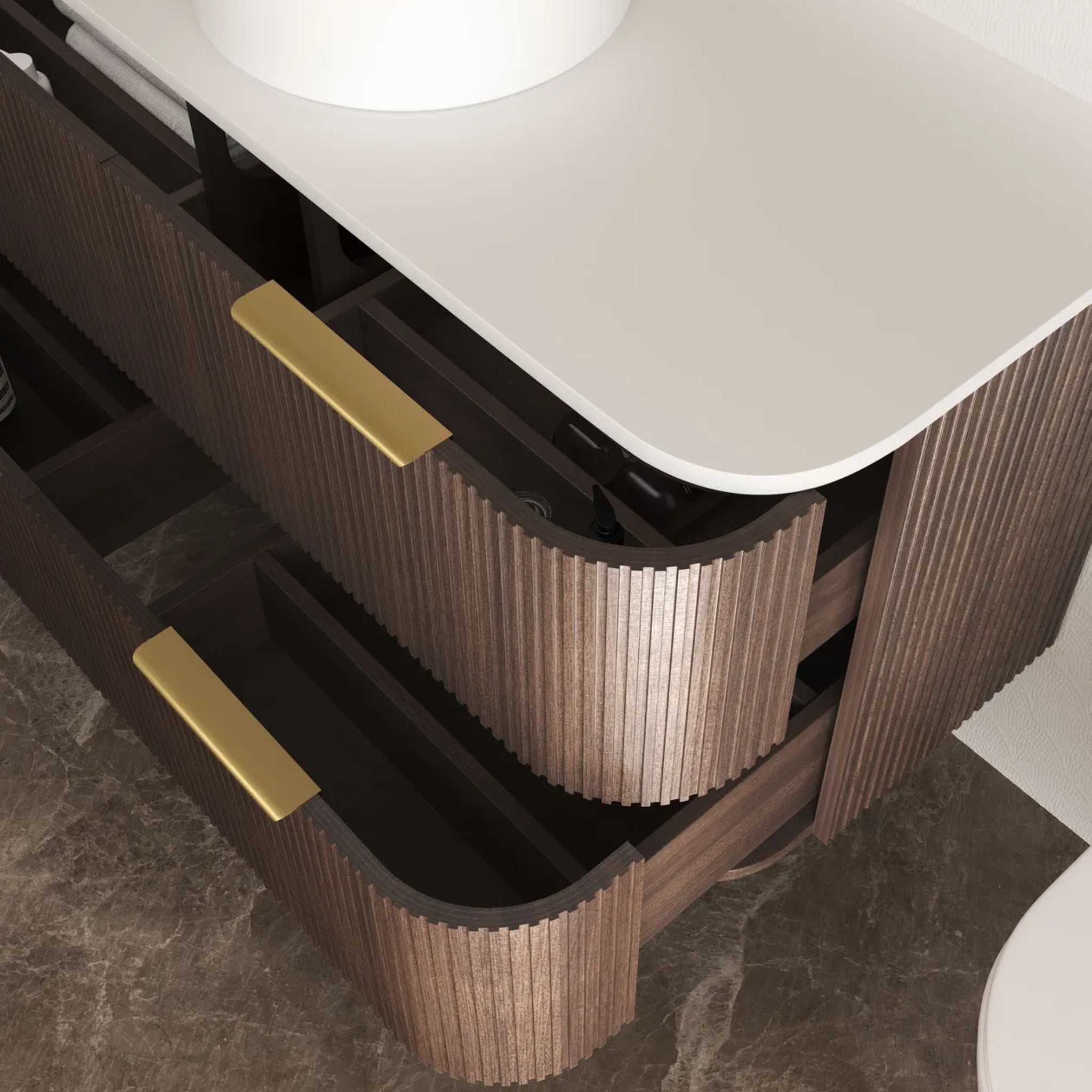 OTTI HAVANA SABLE WALNUT FLUTED 1200MM CURVE SINGLE BOWL WALL HUNG VANITY