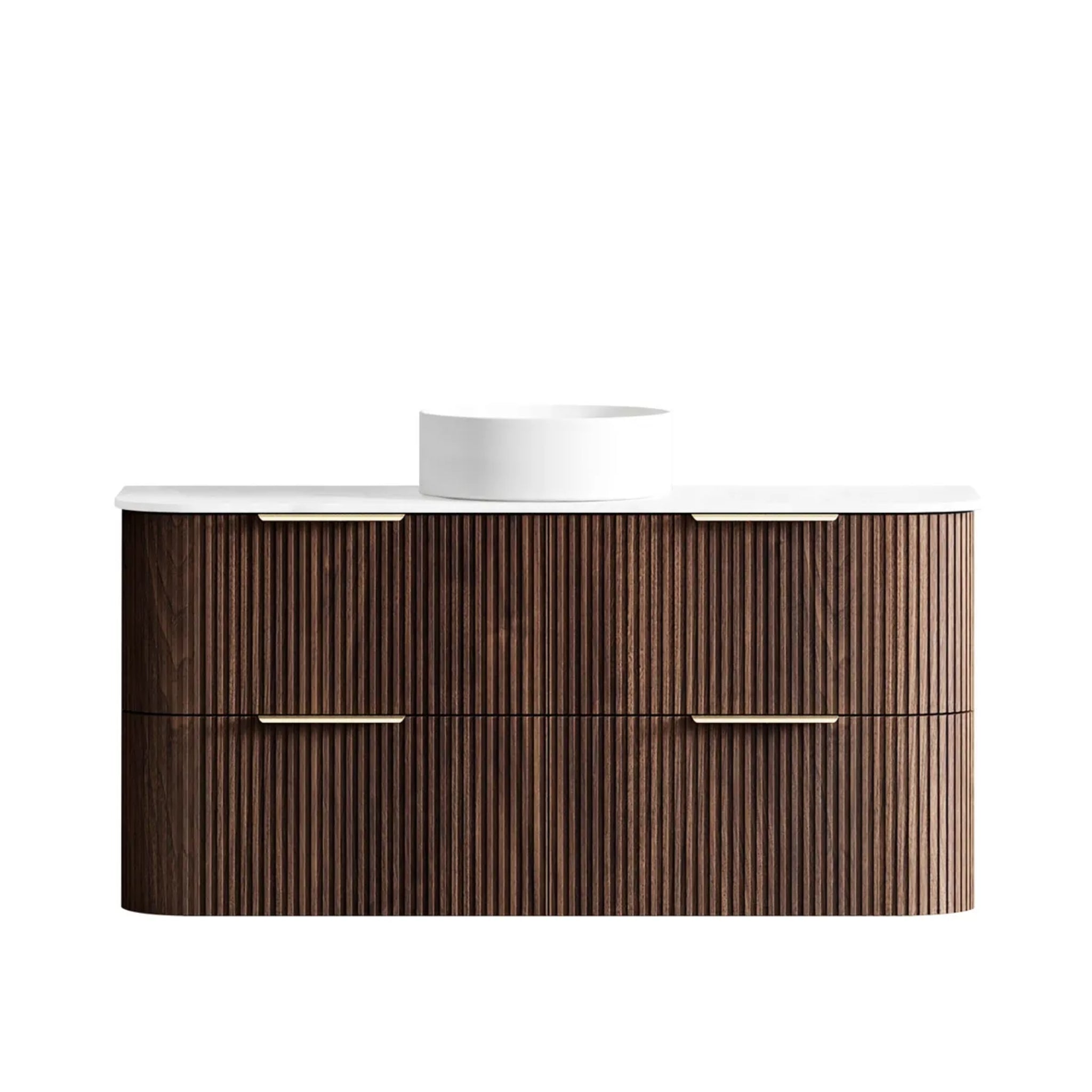 OTTI HAVANA SABLE WALNUT FLUTED 1200MM CURVE SINGLE BOWL WALL HUNG VANITY