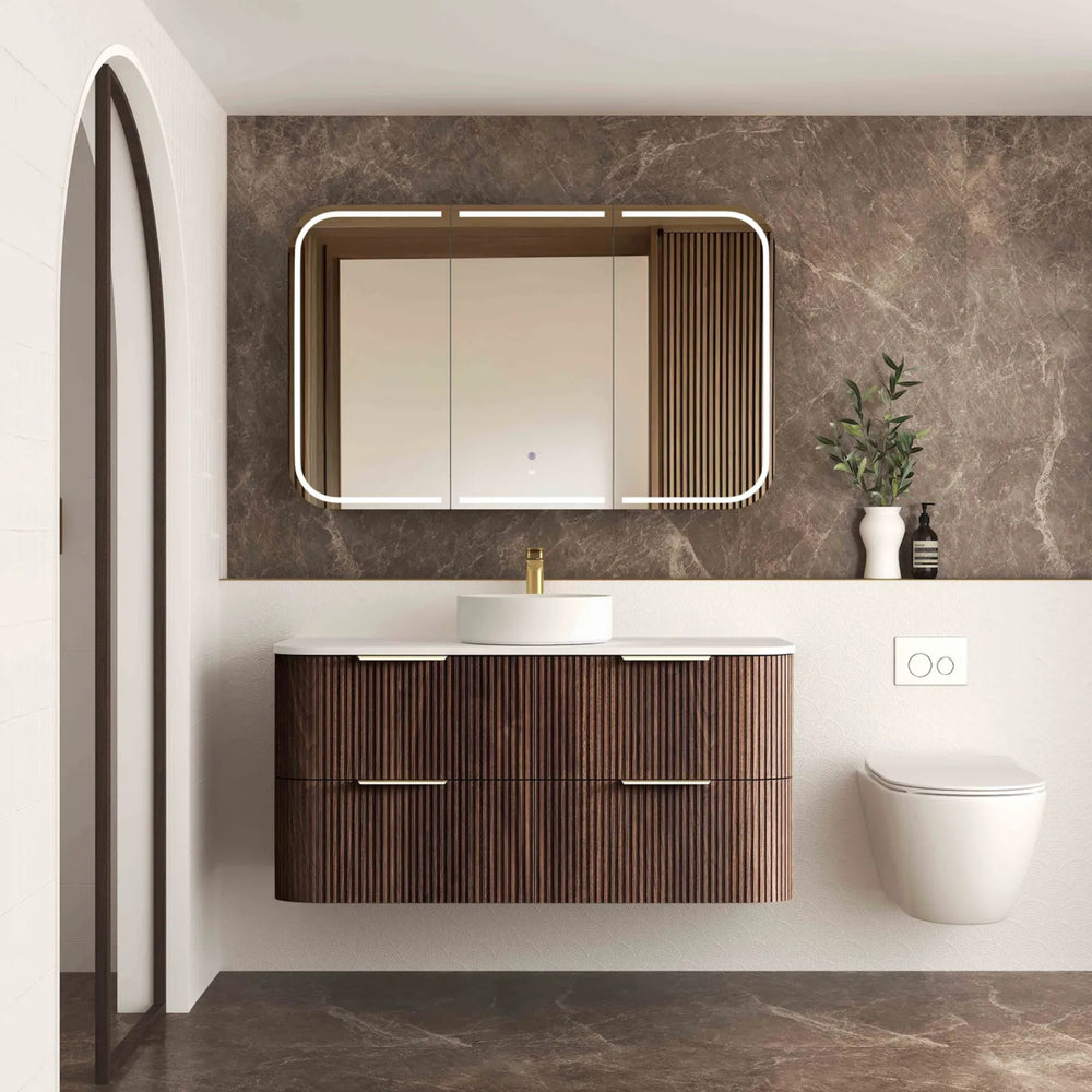 OTTI HAVANA SABLE WALNUT FLUTED 1200MM CURVE SINGLE BOWL WALL HUNG VANITY
