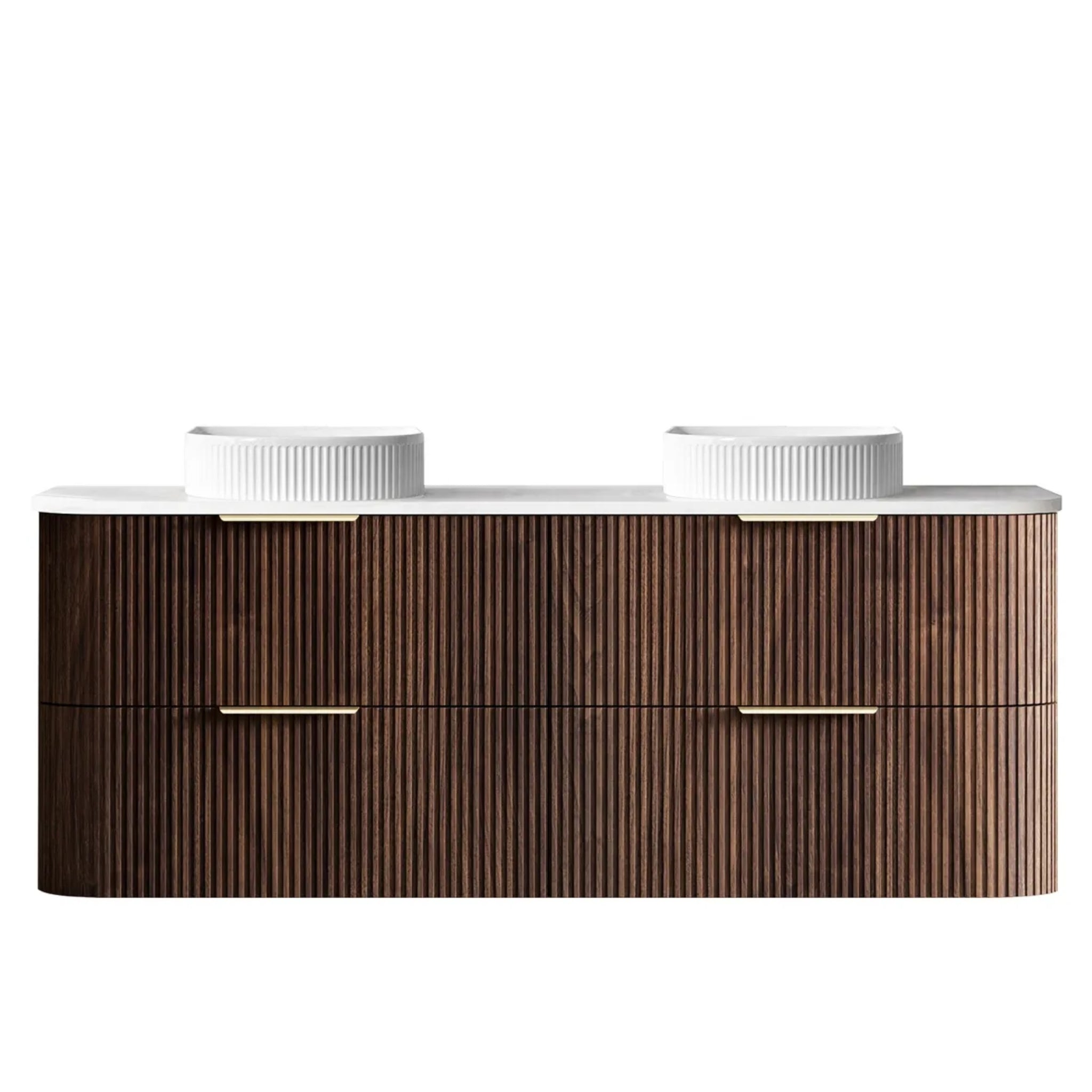 OTTI HAVANA SABLE WALNUT FLUTED 1500MM CURVE DOUBLE BOWL WALL HUNG VANITY