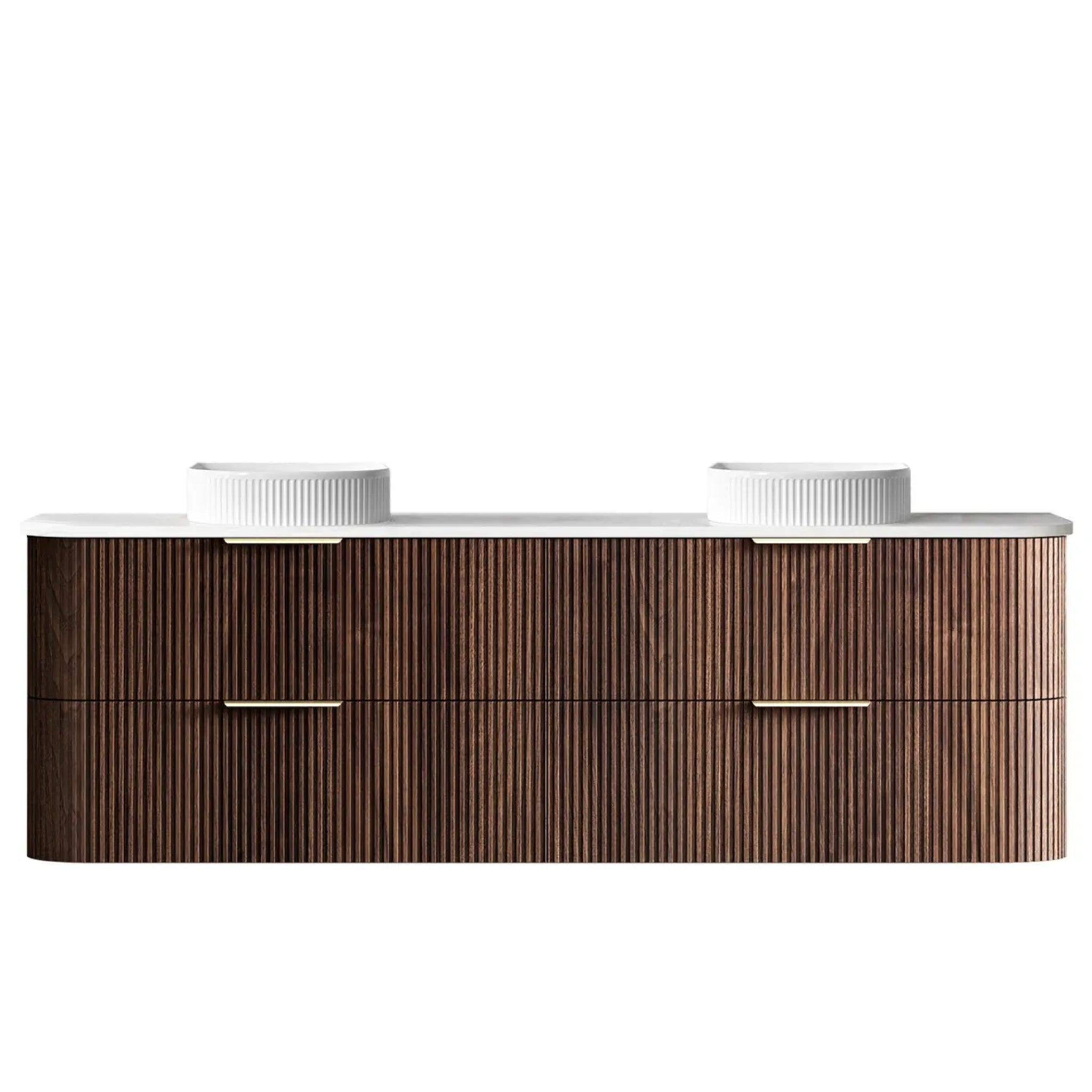 OTTI HAVANA SABLE WALNUT FLUTED 1800MM CURVE DOUBLE BOWL WALL HUNG VANITY