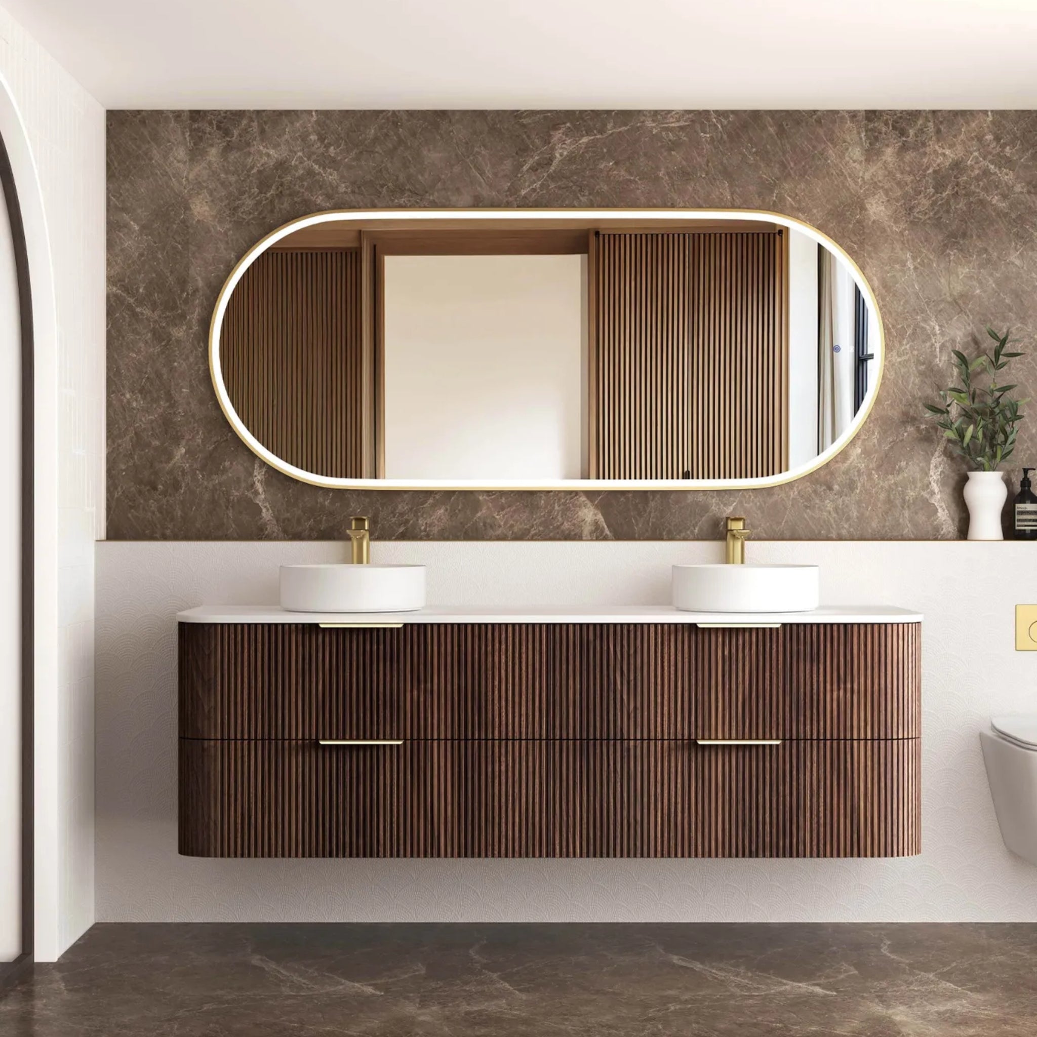 OTTI HAVANA SABLE WALNUT FLUTED 1800MM CURVE DOUBLE BOWL WALL HUNG VANITY