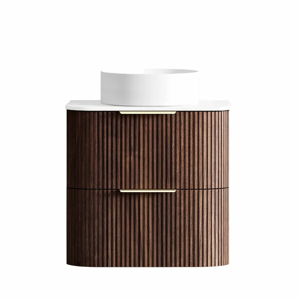 OTTI HAVANA SABLE WALNUT FLUTED 600MM CURVE SINGLE BOWL WALL HUNG VANITY