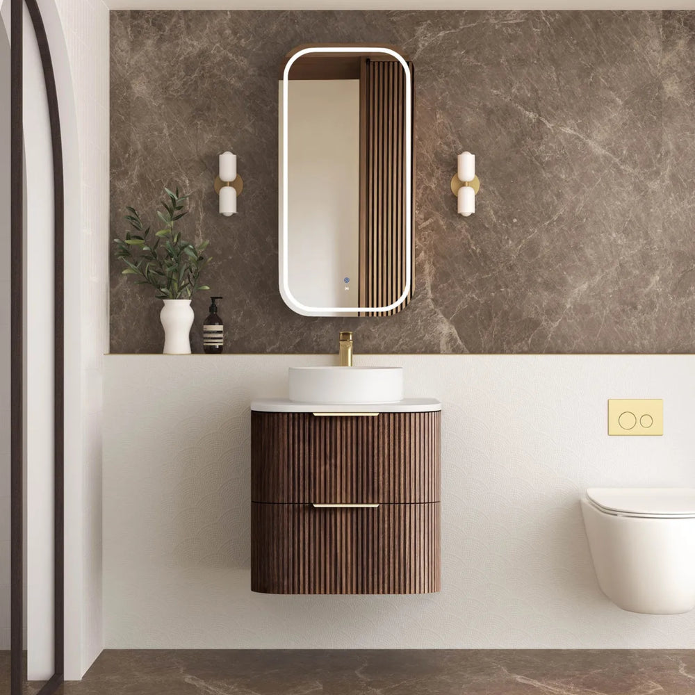 OTTI HAVANA SABLE WALNUT FLUTED 600MM CURVE SINGLE BOWL WALL HUNG VANITY