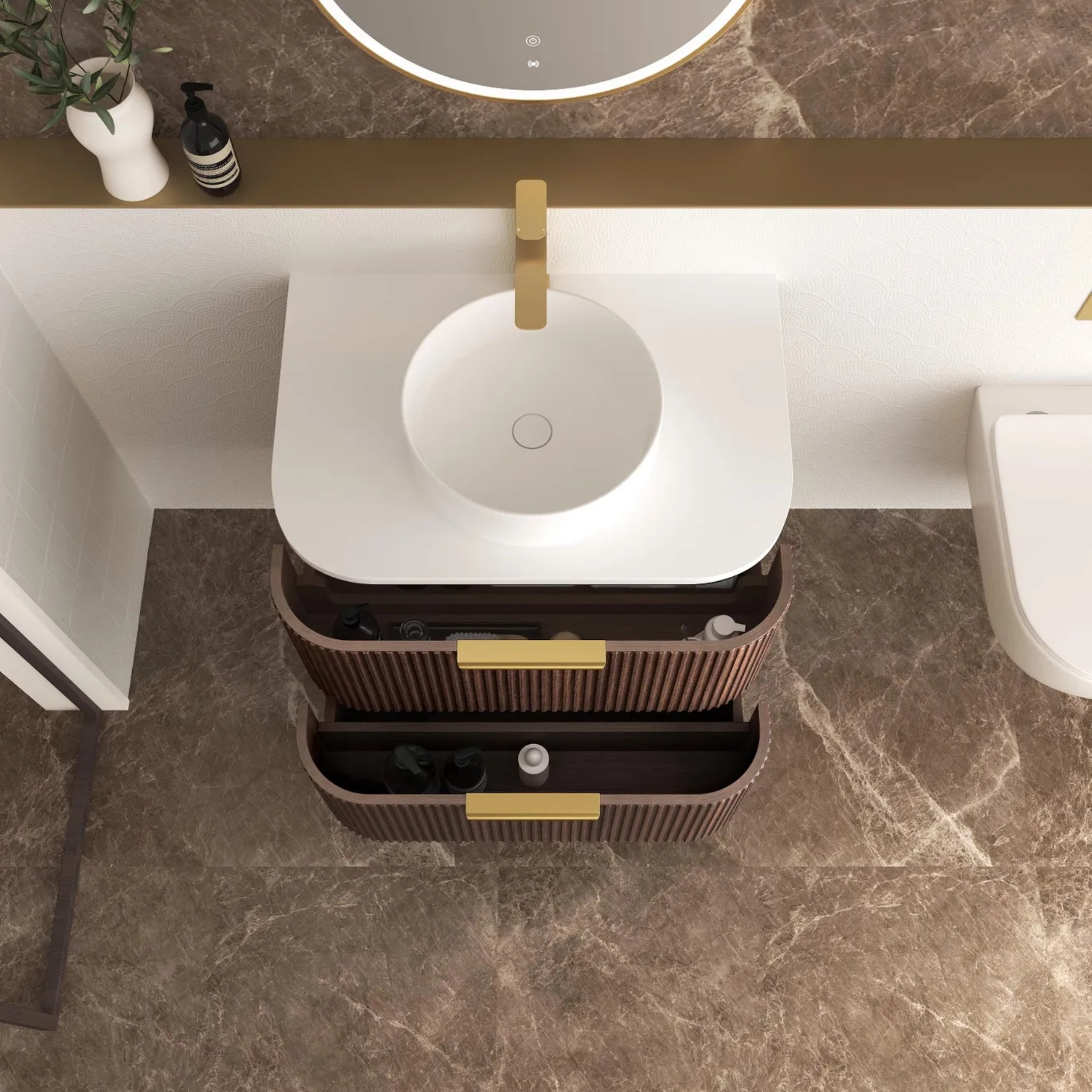 OTTI HAVANA SABLE WALNUT FLUTED 750MM CURVE SINGLE BOWL WALL HUNG VANITY