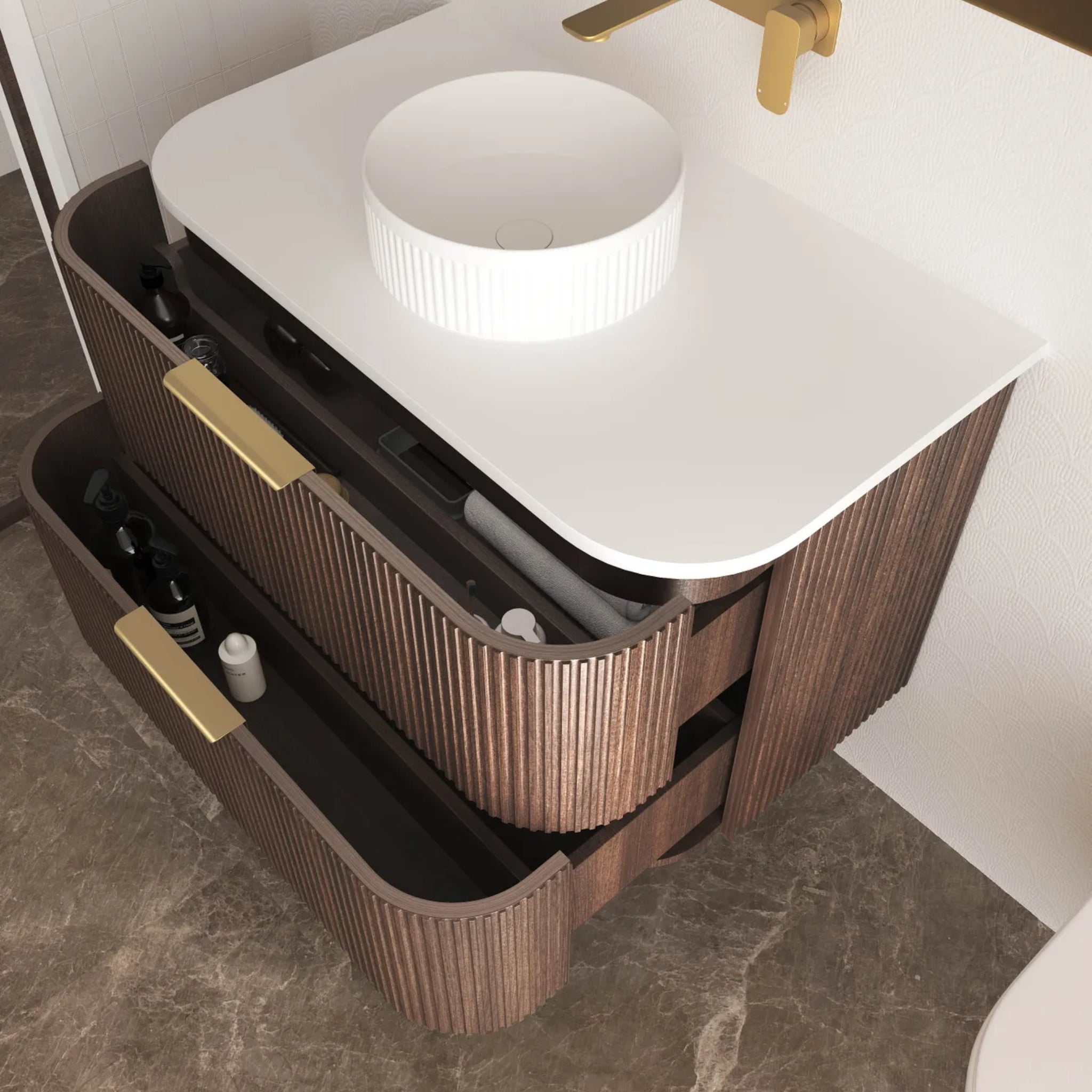 OTTI HAVANA SABLE WALNUT FLUTED 900MM CURVE SINGLE BOWL WALL HUNG VANITY