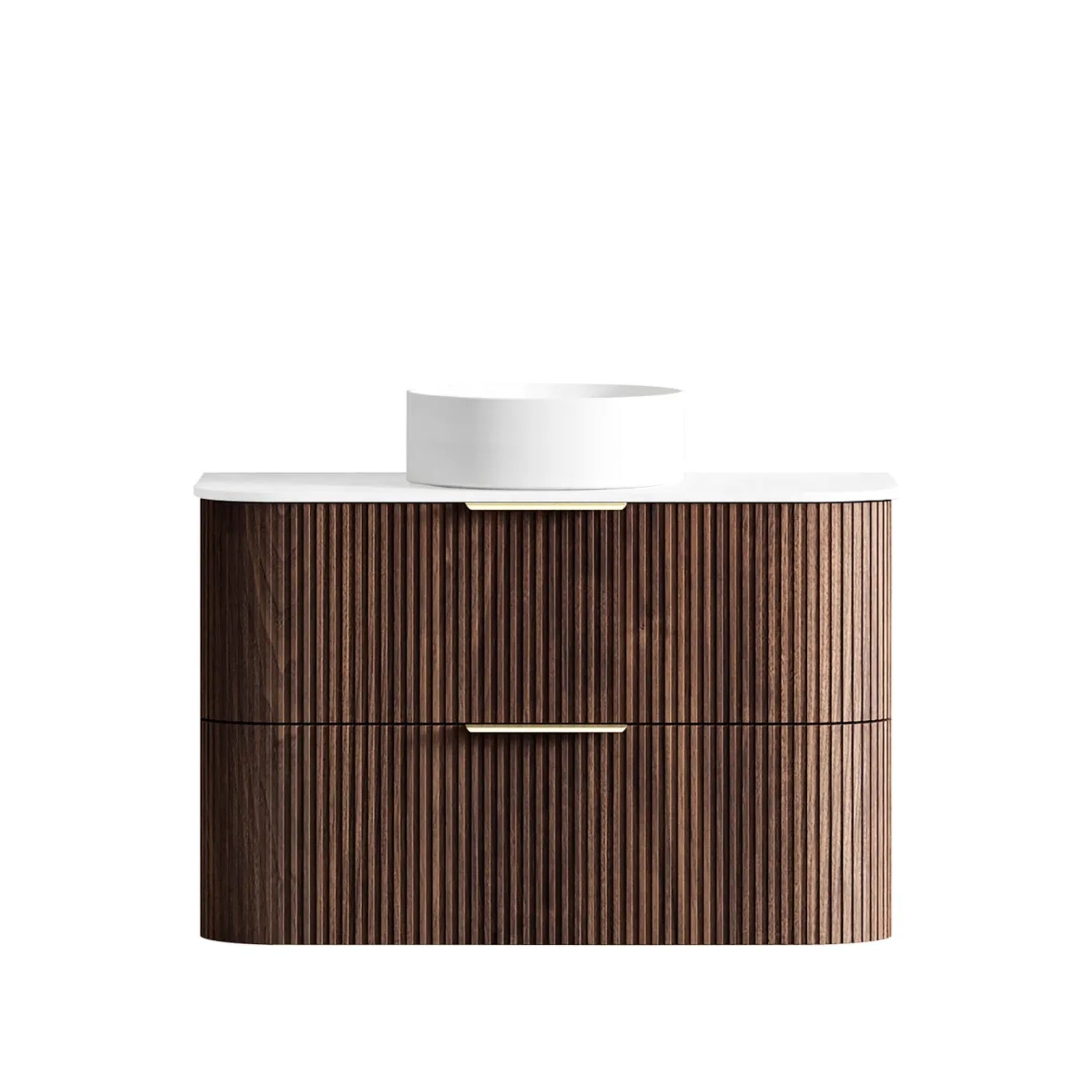 OTTI HAVANA SABLE WALNUT FLUTED 900MM CURVE SINGLE BOWL WALL HUNG VANITY