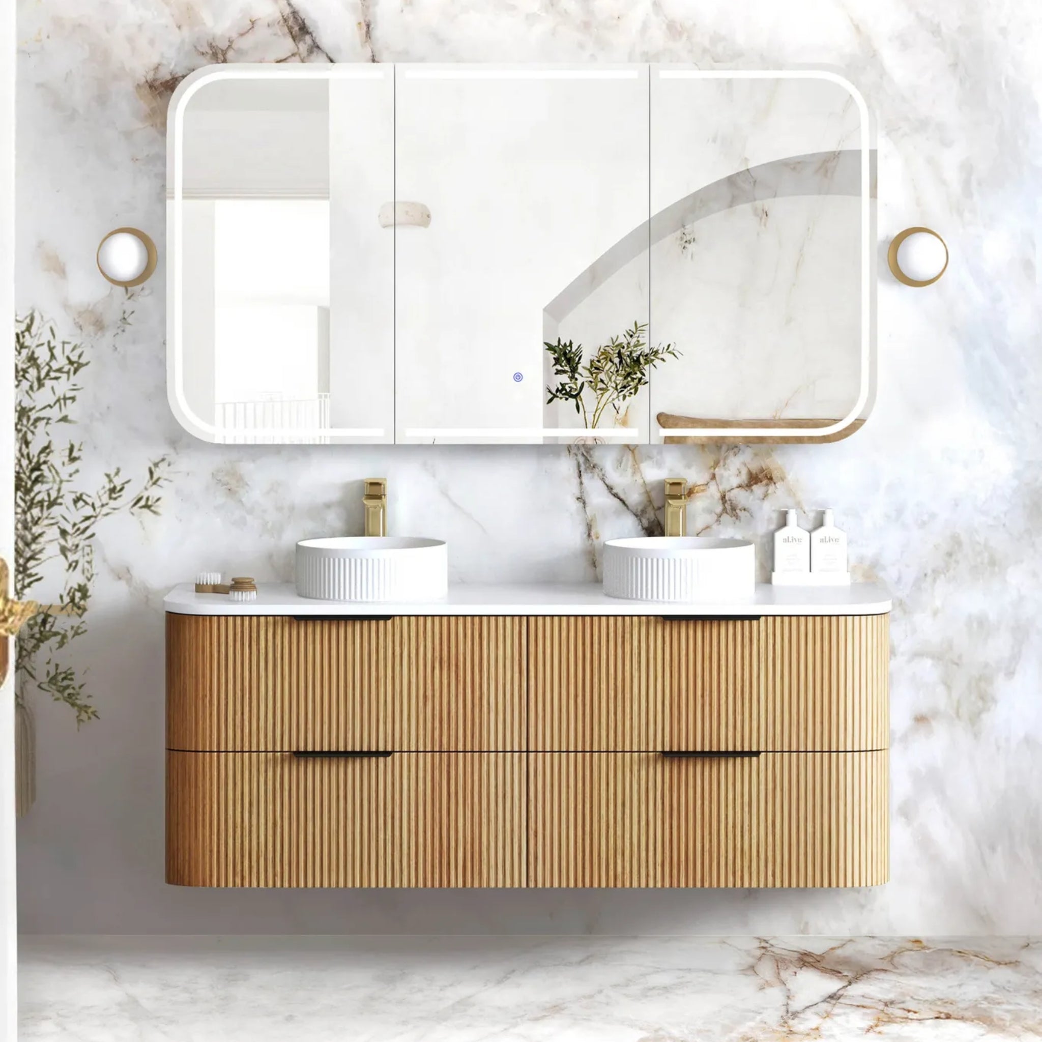 OTTI HAVANA WOODLAND OAK FLUTED 1500MM CURVE DOUBLE BOWL WALL HUNG VANITY