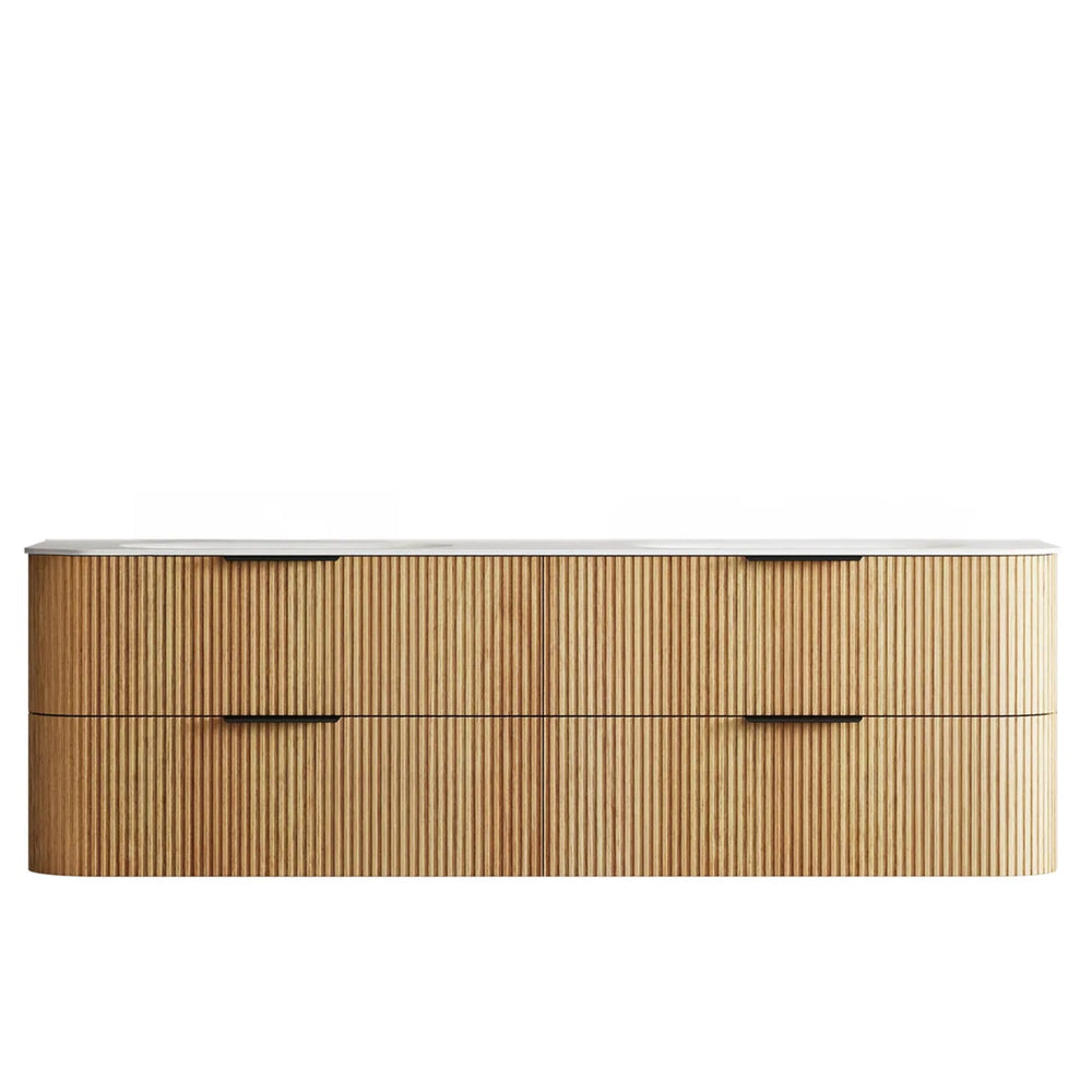 OTTI HAVANA WOODLAND OAK FLUTED 1800MM CURVE DOUBLE BOWL WALL HUNG VANITY