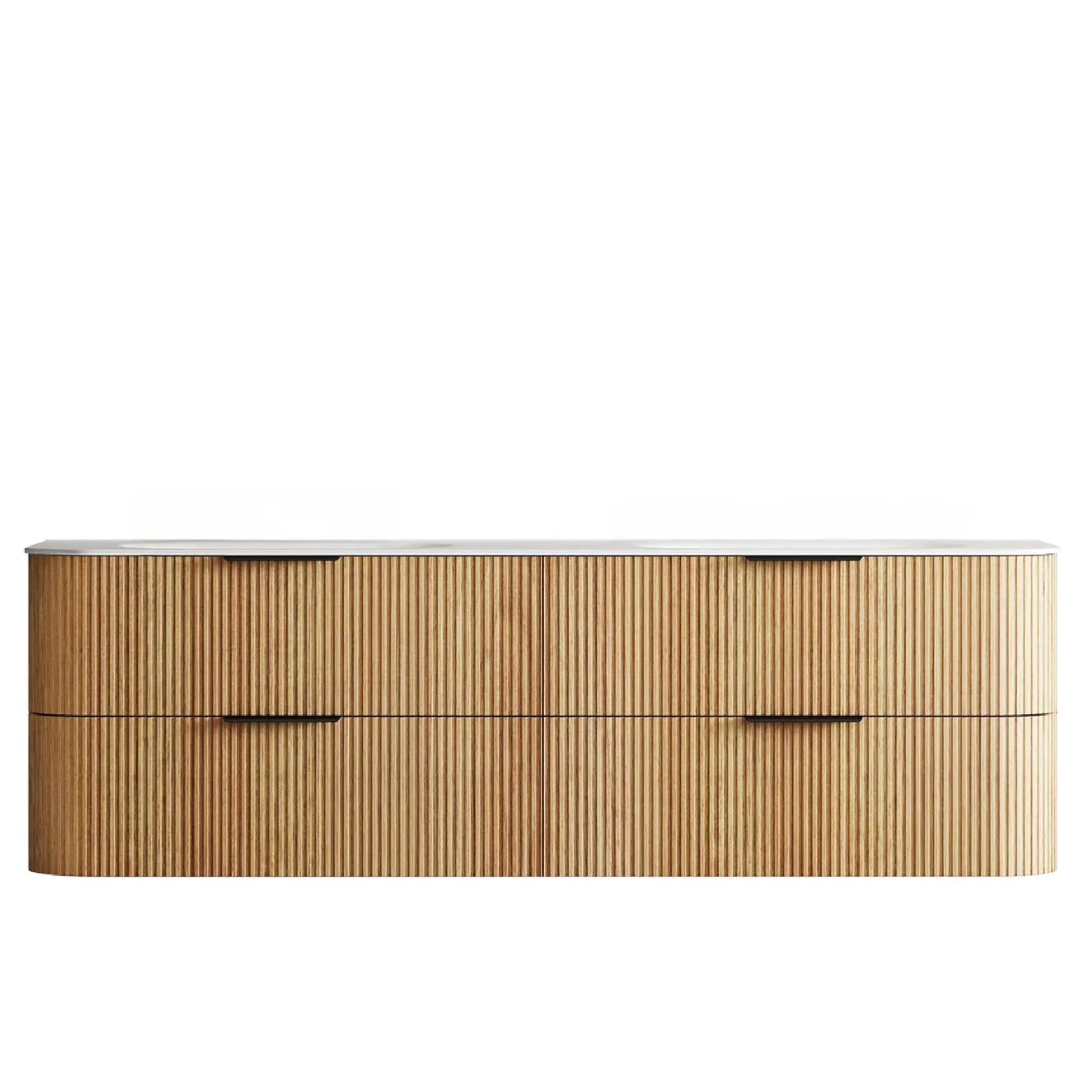 OTTI HAVANA WOODLAND OAK FLUTED 1800MM CURVE DOUBLE BOWL WALL HUNG VANITY