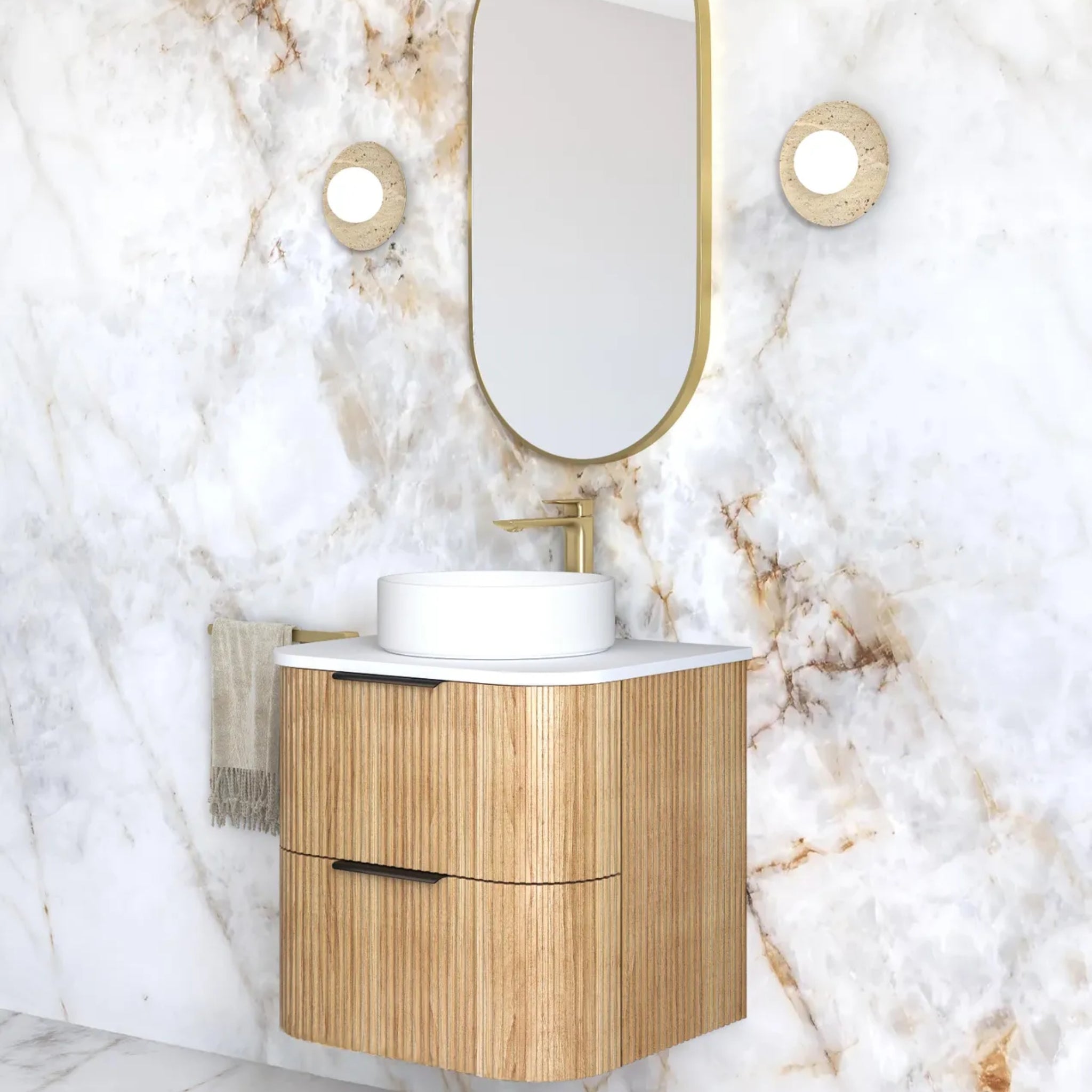 OTTI HAVANA WOODLAND OAK FLUTED 600MM CURVE SINGLE BOWL WALL HUNG VANITY