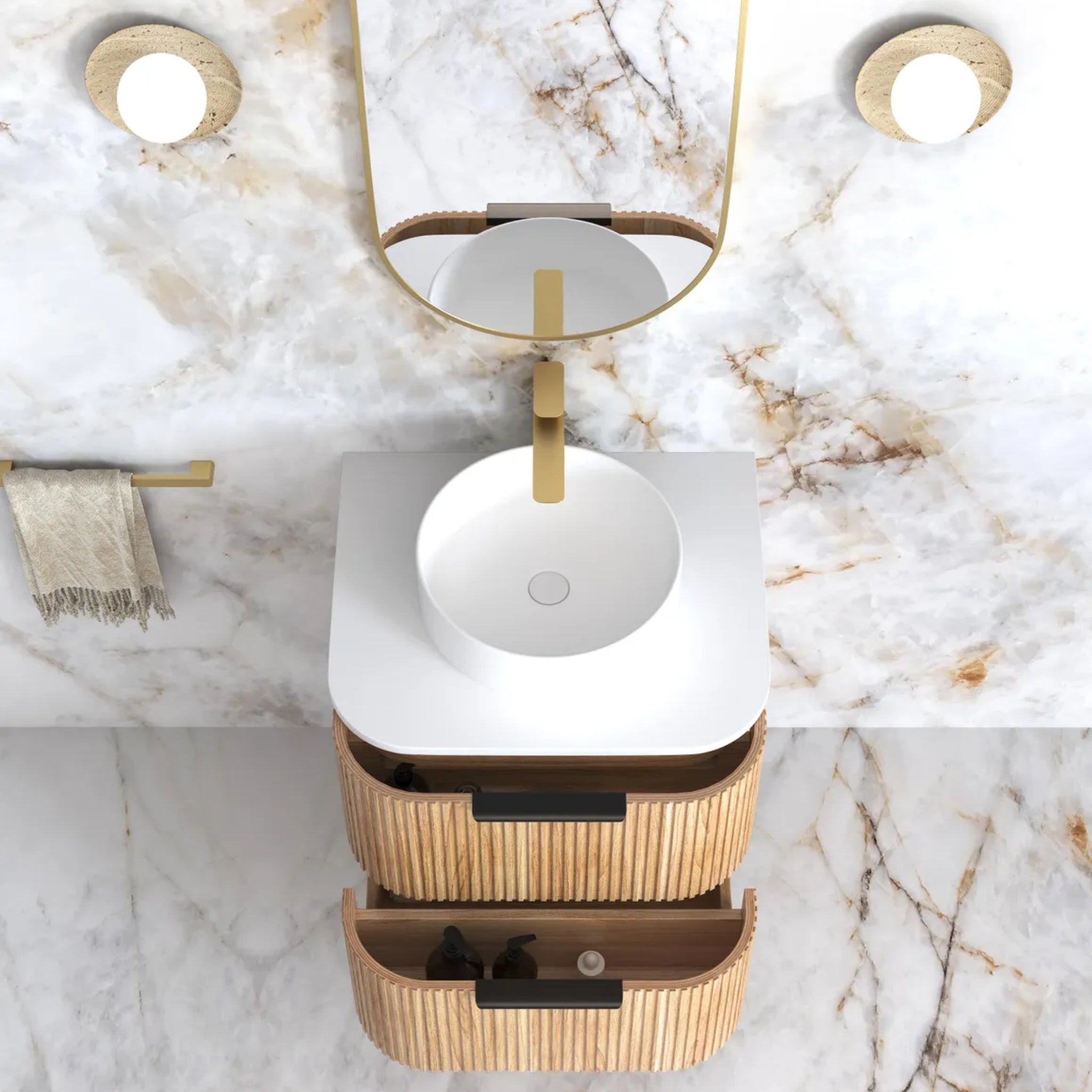 OTTI HAVANA WOODLAND OAK FLUTED 600MM CURVE SINGLE BOWL WALL HUNG VANITY