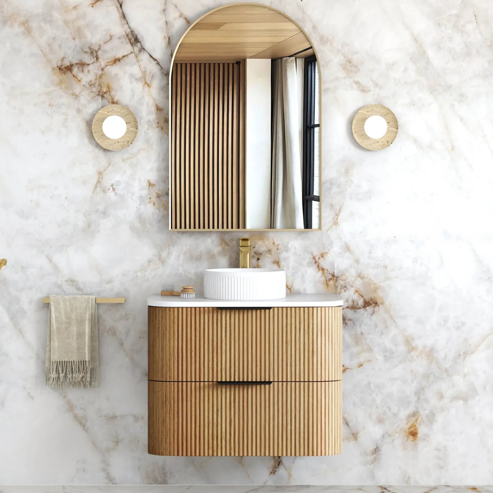 OTTI HAVANA WOODLAND OAK FLUTED 750MM CURVE SINGLE BOWL WALL HUNG VANITY