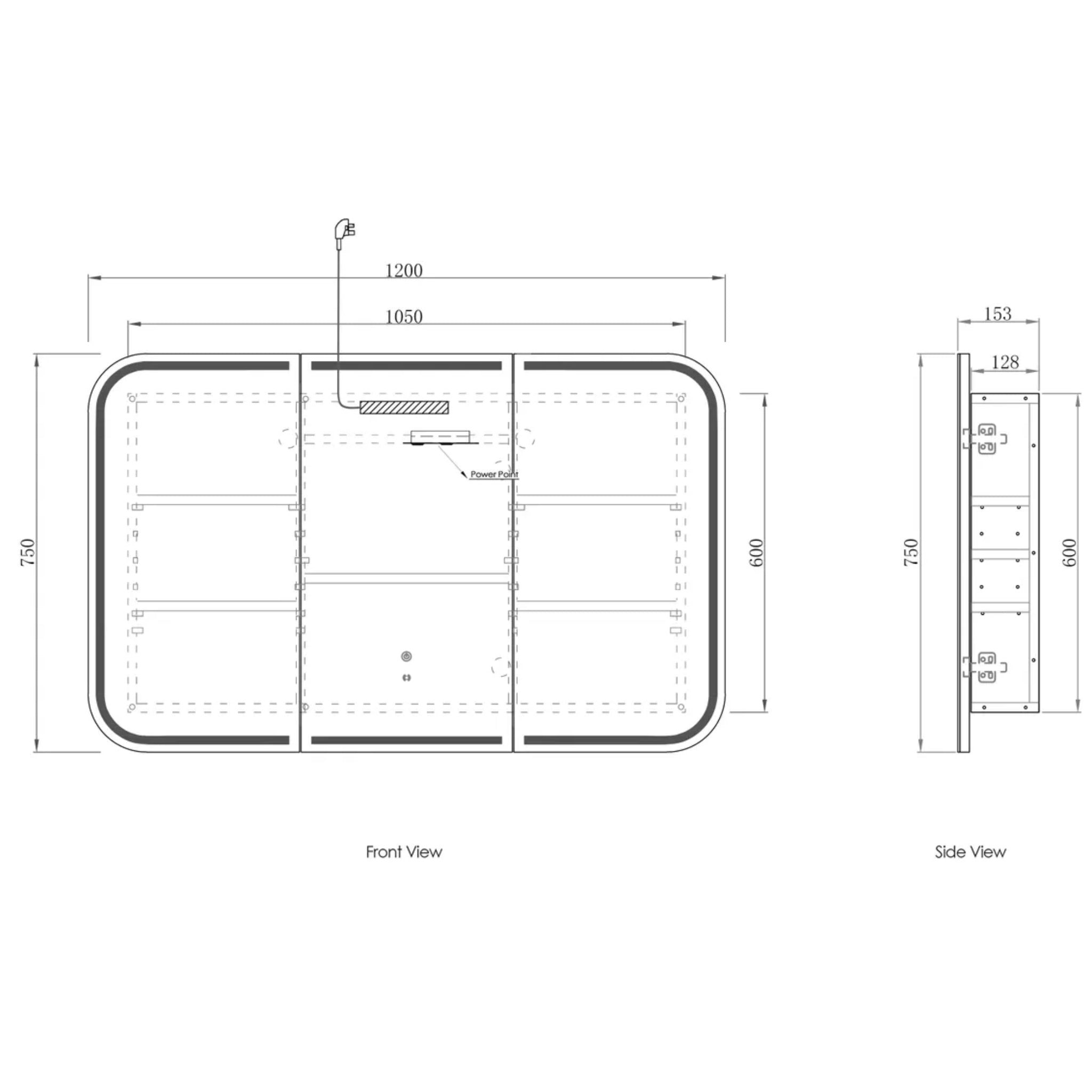 OTTI NEWPORT MATTE WHITE LED SHAVING CABINET WITH POWERPOINT 1200X750MM