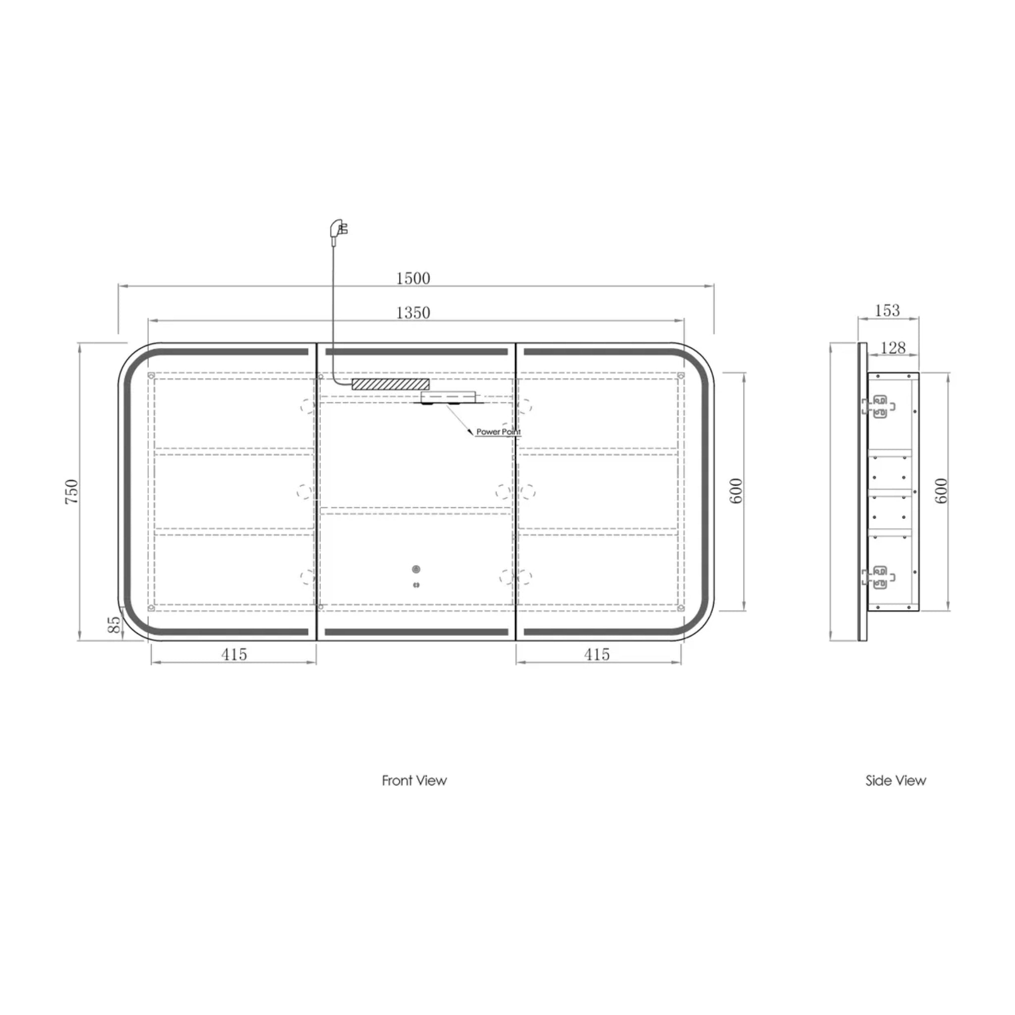 OTTI NEWPORT MATTE WHITE LED SHAVING CABINET WITH POWERPOINT 1500X750MM