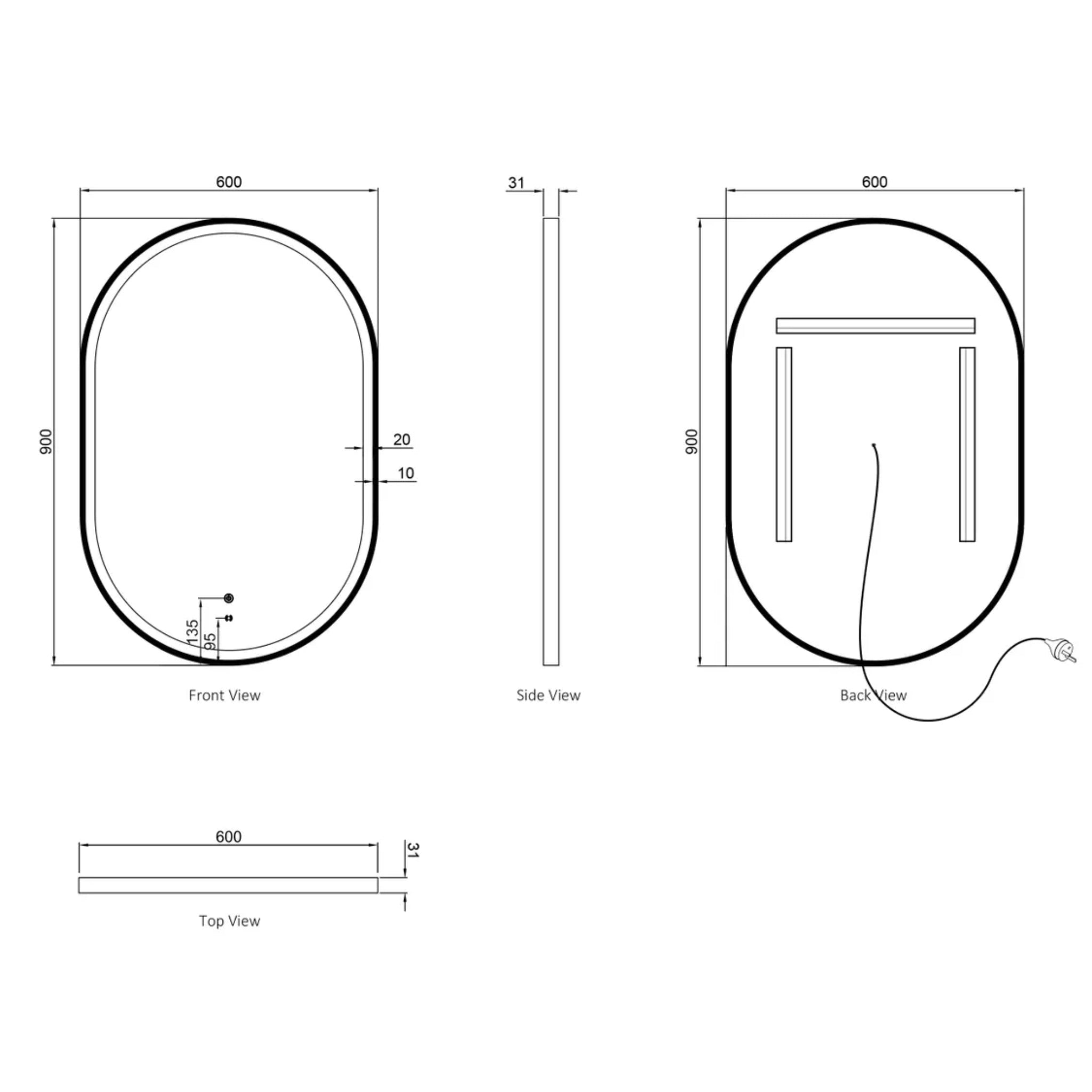 OTTI NOOSA FRAMED LED MIRROR MATTE BLACK 600X900MM