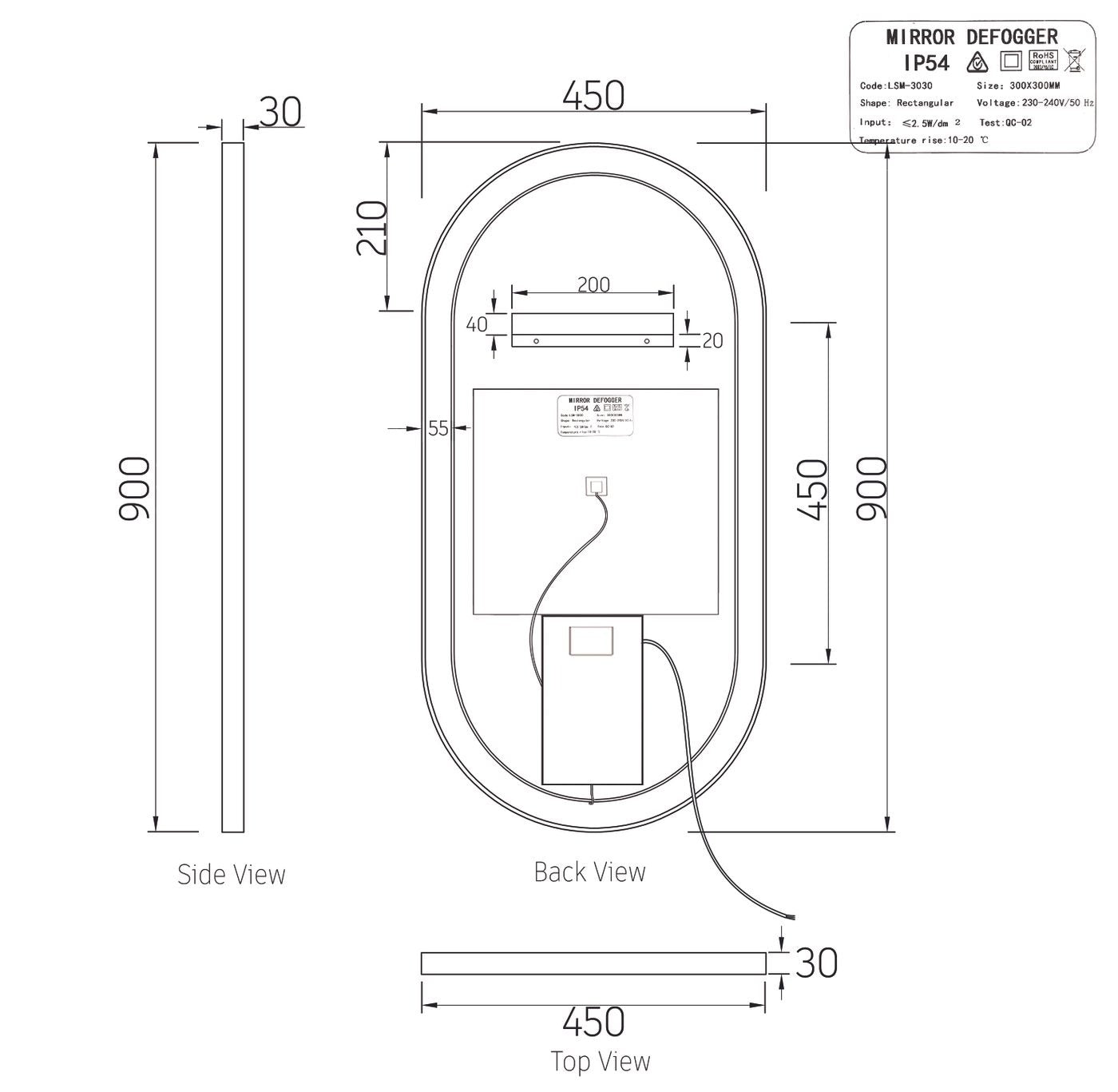 OTTI NOOSA METAL FRAMED LED MIRROR MATTE BLACK 450X900MM