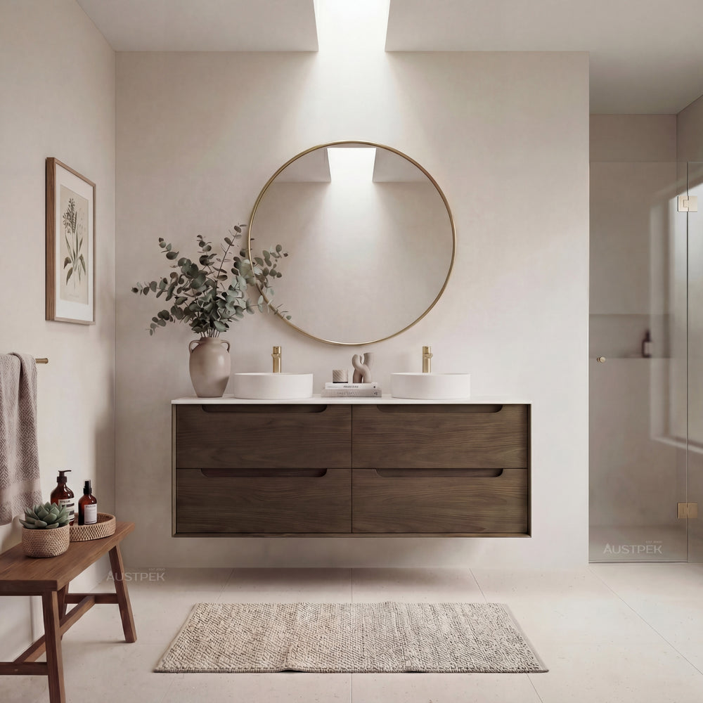OTTI BYRON SABLE WALNUT 1500MM DOUBLE BOWL WALL HUNG VANITY