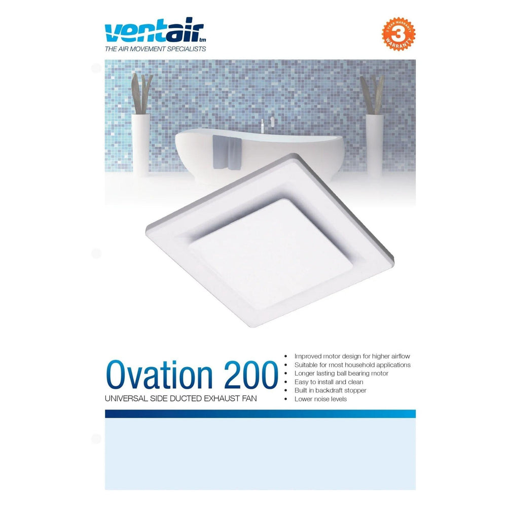VENTAIR OVATION UNIVERSAL SIDE DUCTED EXHAUST FAN WHITE (AVAILABLE IN 200MM AND 250MM)
