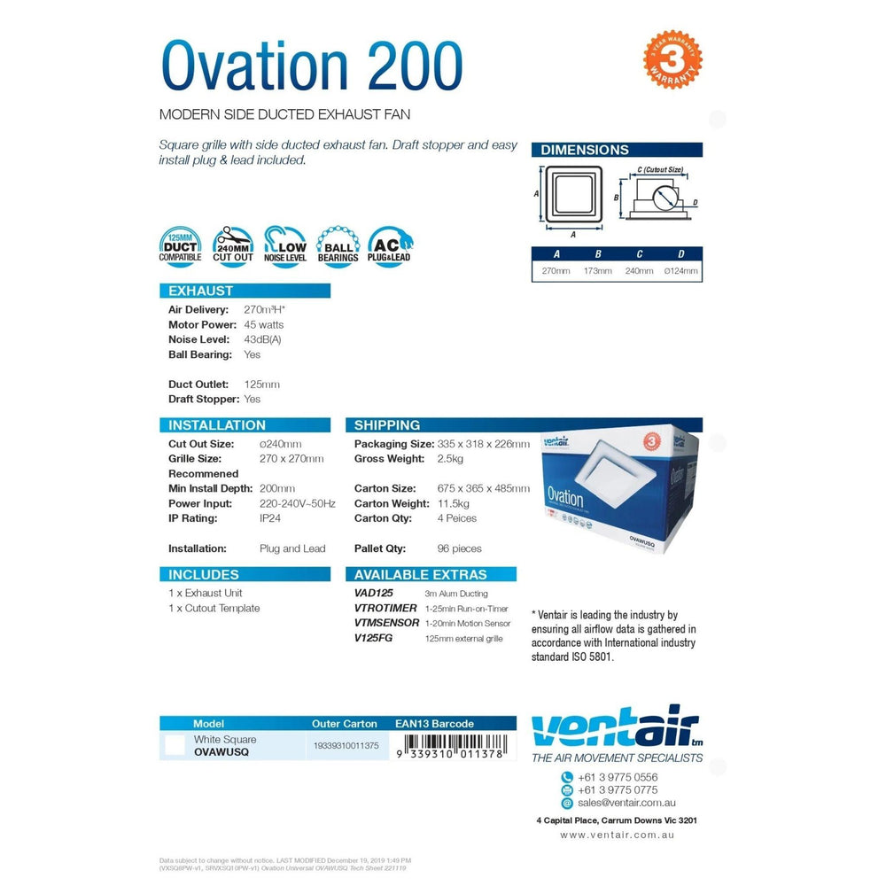VENTAIR OVATION UNIVERSAL SIDE DUCTED EXHAUST FAN WHITE (AVAILABLE IN 200MM AND 250MM)