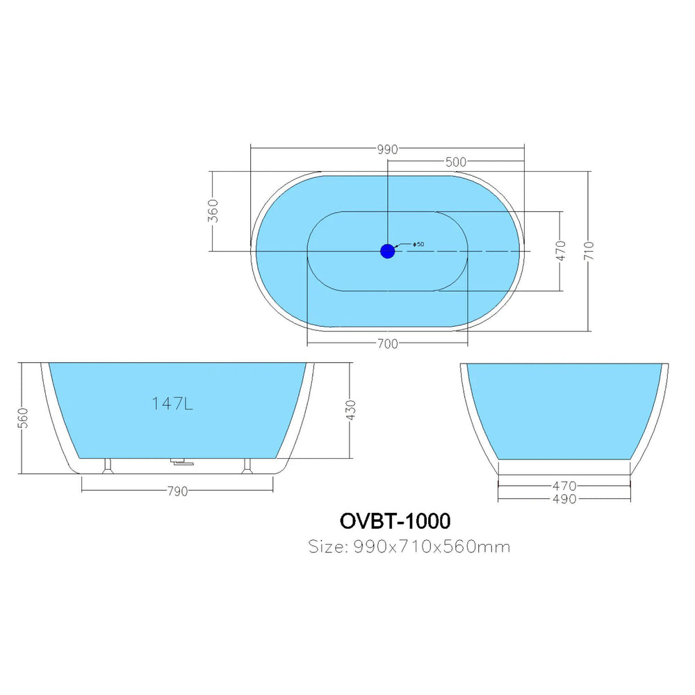 POSEIDON OLIVIA FREE STANDING BATHTUB GLOSS WHITE (AVAILABLE IN 1000MM, 1300MM, 1400MM, 1530MM AND 1690MM)