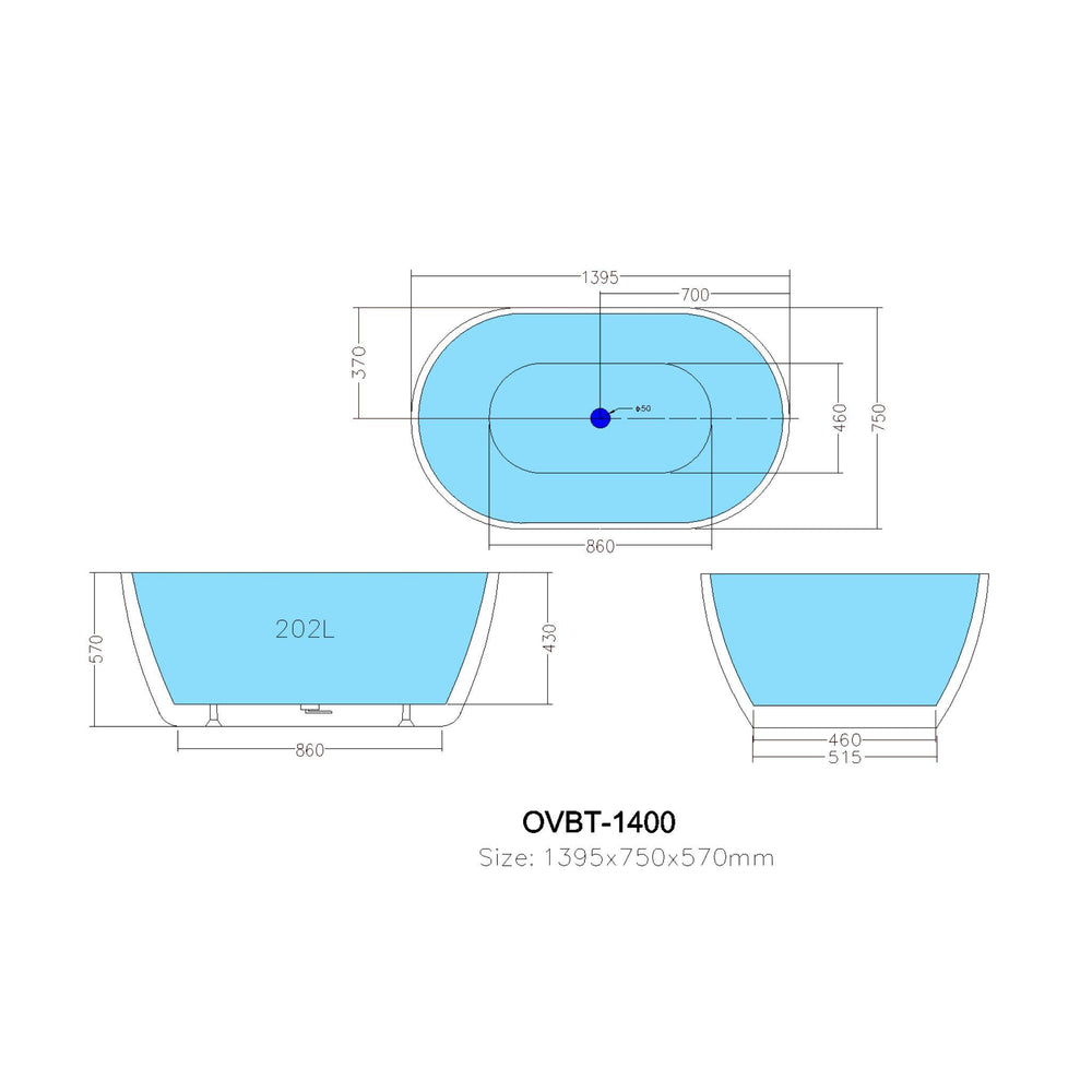 POSEIDON OLIVIA FREE STANDING BATH OVERFLOW GLOSS WHITE (AVAILABLE IN 1400MM, 1530MM AND 1700MM)