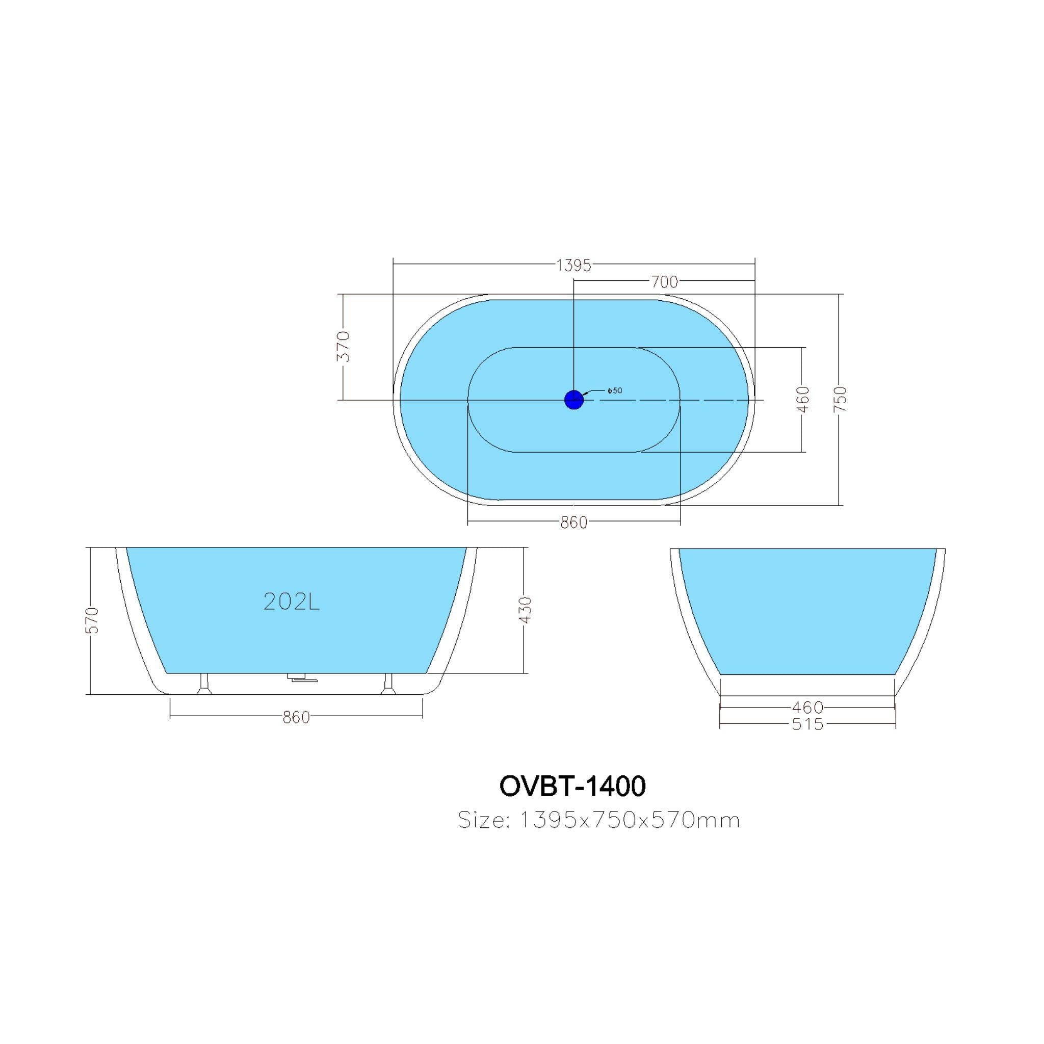 POSEIDON OLIVIA FREE STANDING BATH OVERFLOW GLOSS WHITE (AVAILABLE IN 1400MM, 1530MM AND 1700MM)