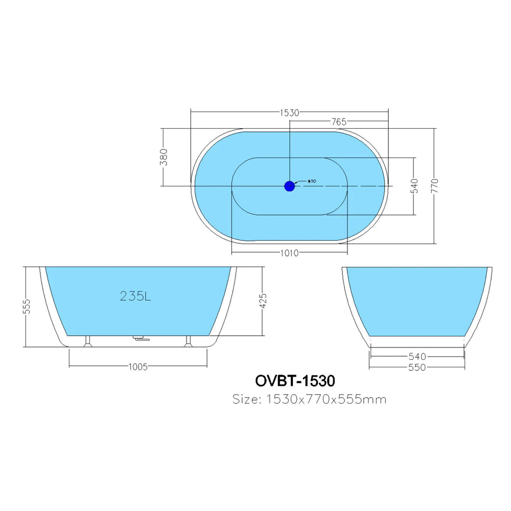 POSEIDON OLIVIA FREE STANDING BATHTUB GLOSS WHITE (AVAILABLE IN 1000MM, 1300MM, 1400MM, 1530MM AND 1690MM)