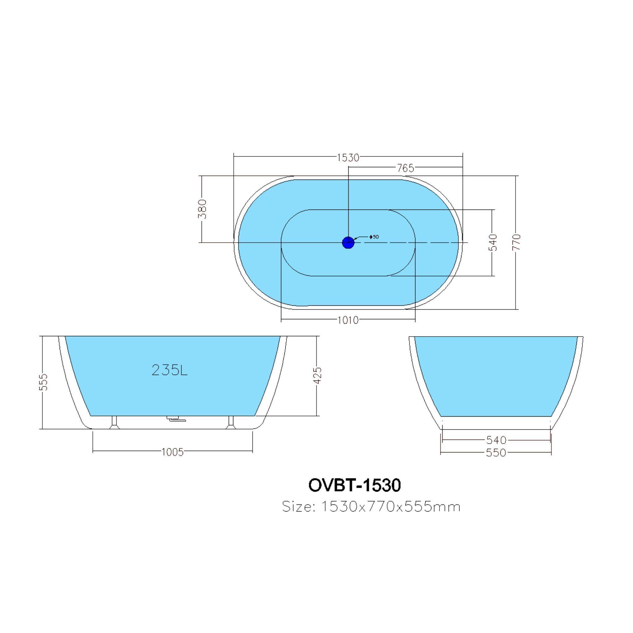 POSEIDON OLIVIA FREE STANDING BATH OVERFLOW GLOSS WHITE (AVAILABLE IN 1400MM, 1530MM AND 1700MM)