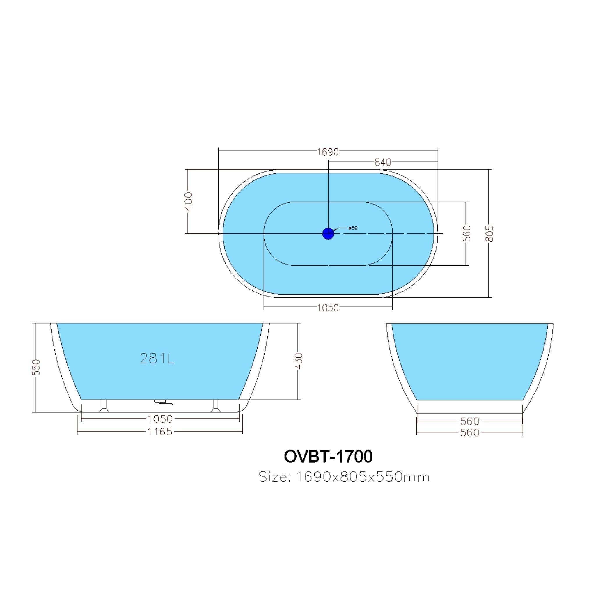 POSEIDON OLIVIA FREE STANDING BATH OVERFLOW GLOSS WHITE (AVAILABLE IN 1400MM, 1530MM AND 1700MM)