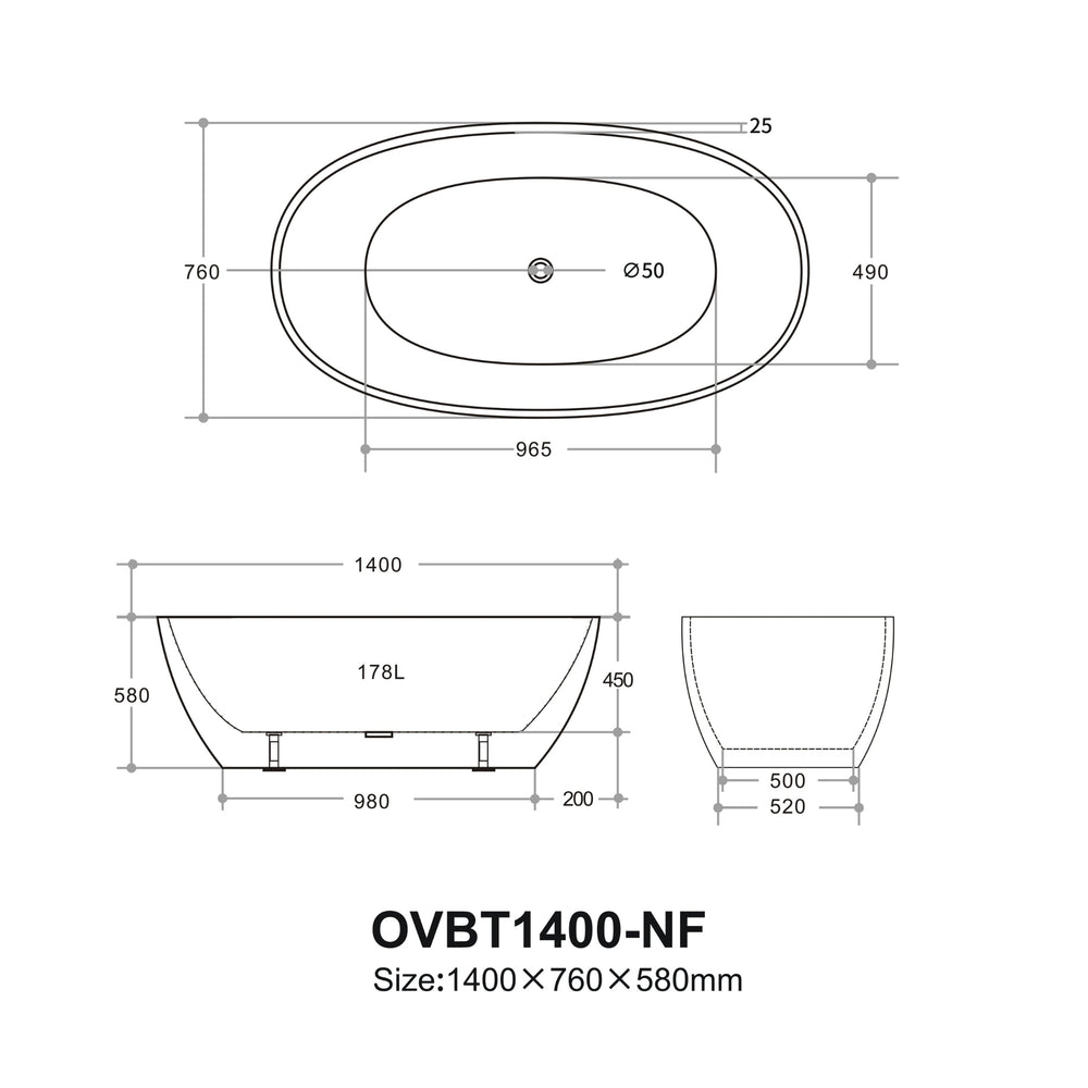 VITO OVY FREESTANDING BATHTUB GLOSS WHITE (AVAILABLE IN 1400MM, 1500MM, AND 1700MM)