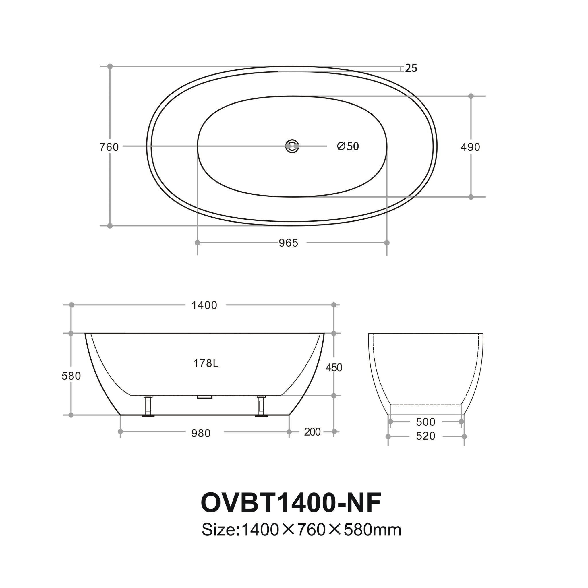 VITO OVY FREESTANDING BATHTUB GLOSS WHITE (AVAILABLE IN 1400MM, 1500MM, AND 1700MM)