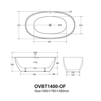 VITO OVY FREESTANDING BATHTUB WITH OVERFLOW GLOSS WHITE (AVAILABLE IN 1400MM, 1500MM, AND 1700MM)