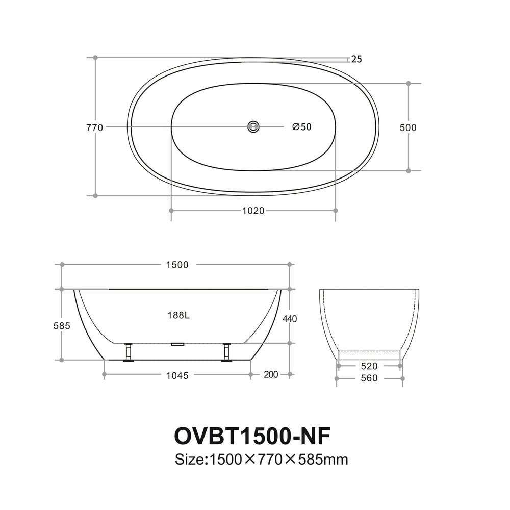 VITO OVY FREESTANDING BATHTUB GLOSS WHITE (AVAILABLE IN 1400MM, 1500MM, AND 1700MM)