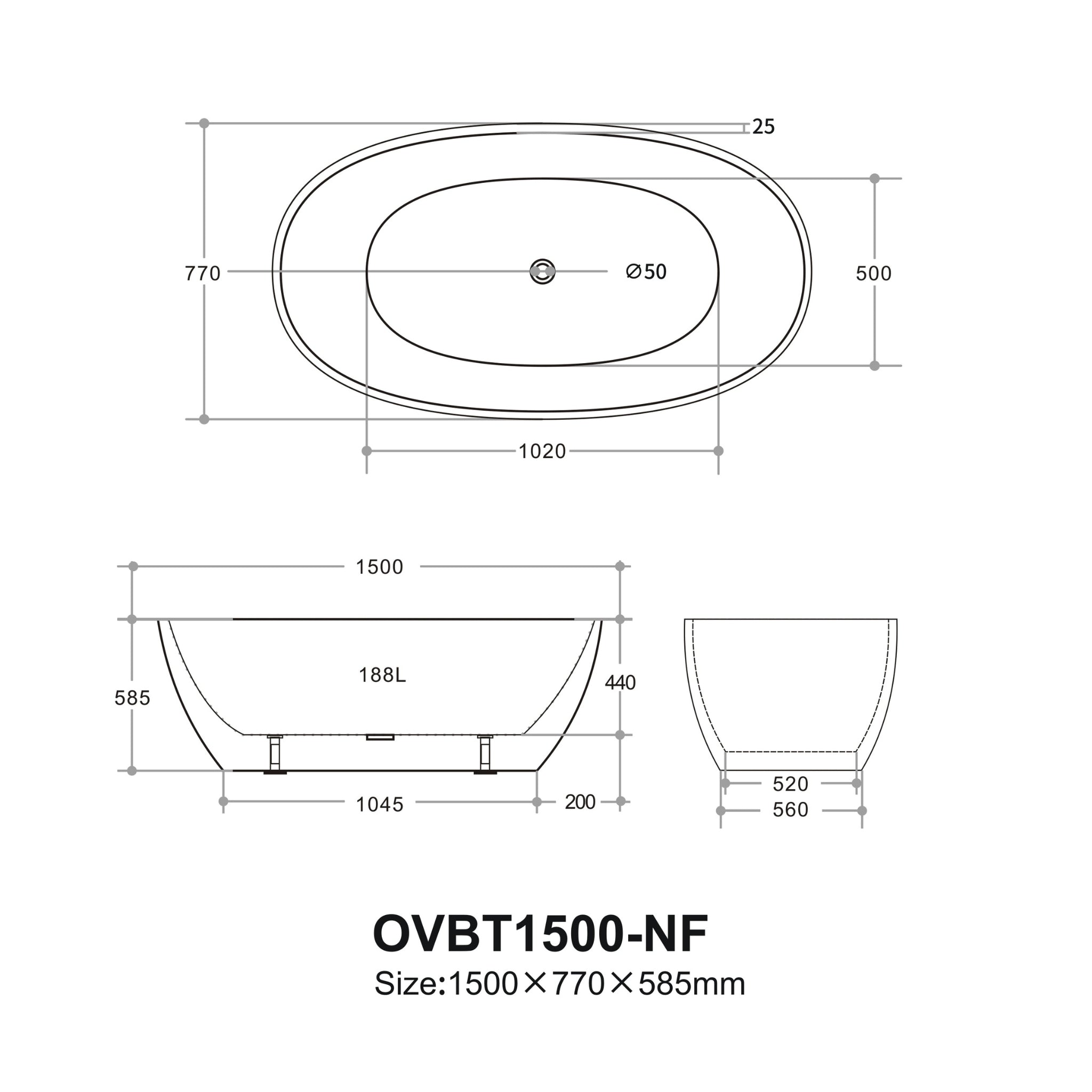 VITO OVY FREESTANDING BATHTUB GLOSS WHITE (AVAILABLE IN 1400MM, 1500MM, AND 1700MM)