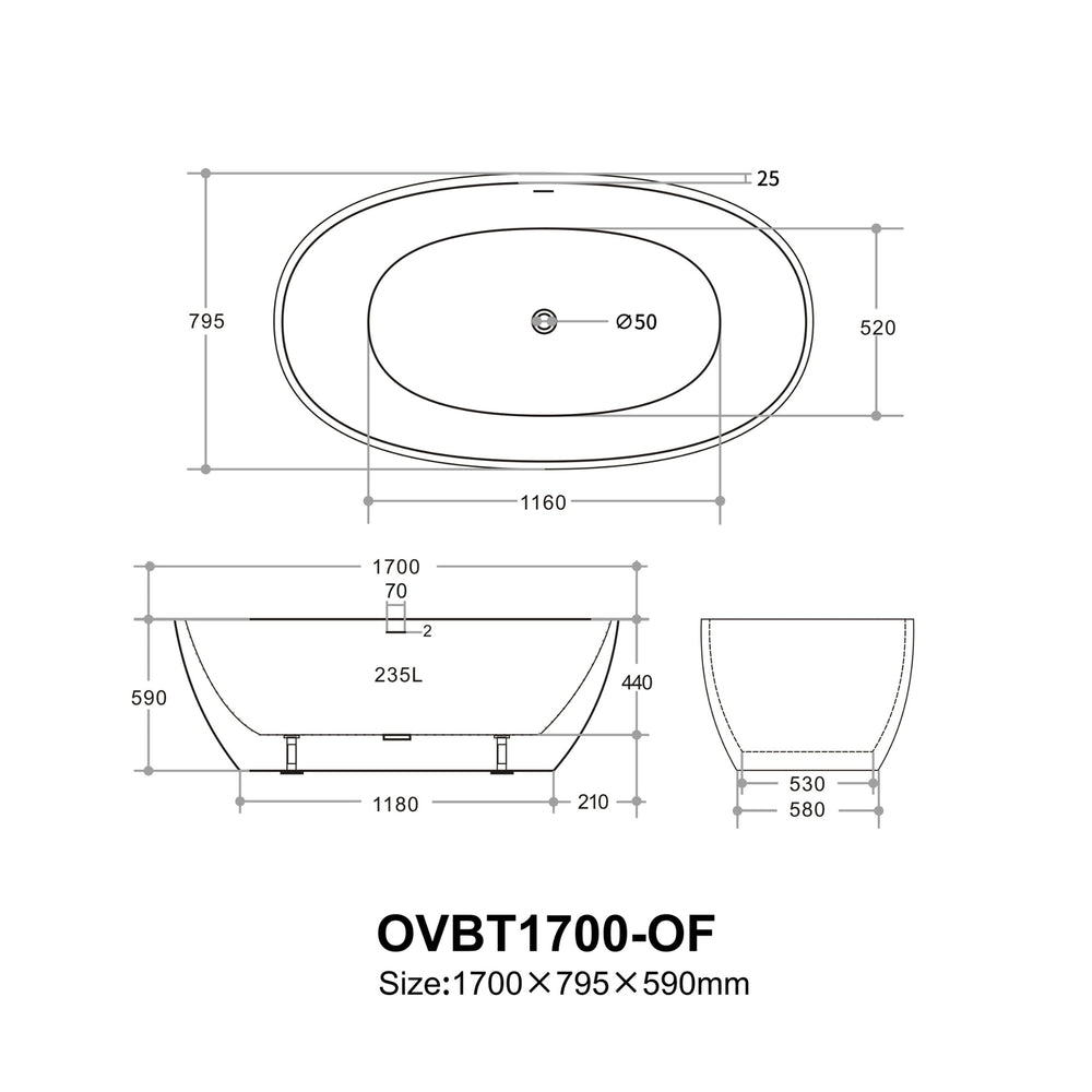 VITO OVY FREESTANDING BATHTUB WITH OVERFLOW GLOSS WHITE (AVAILABLE IN 1400MM, 1500MM, AND 1700MM)