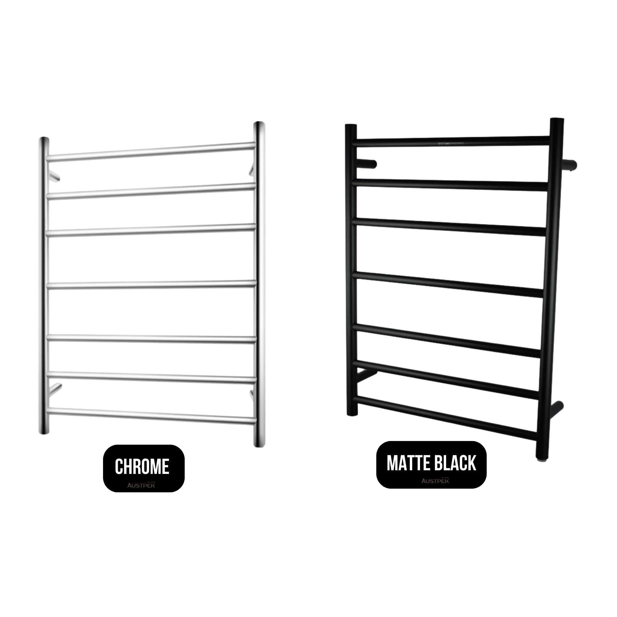 AQUAPERLA 7-BAR ROUND LADDER HEATED TOWEL RAIL 800MM BLACK