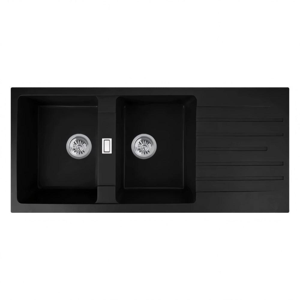 NORICO QUARTZ DOUBLE BOWL DRAINBOARD GRANITE KITCHEN SINK BLACK 1160MM