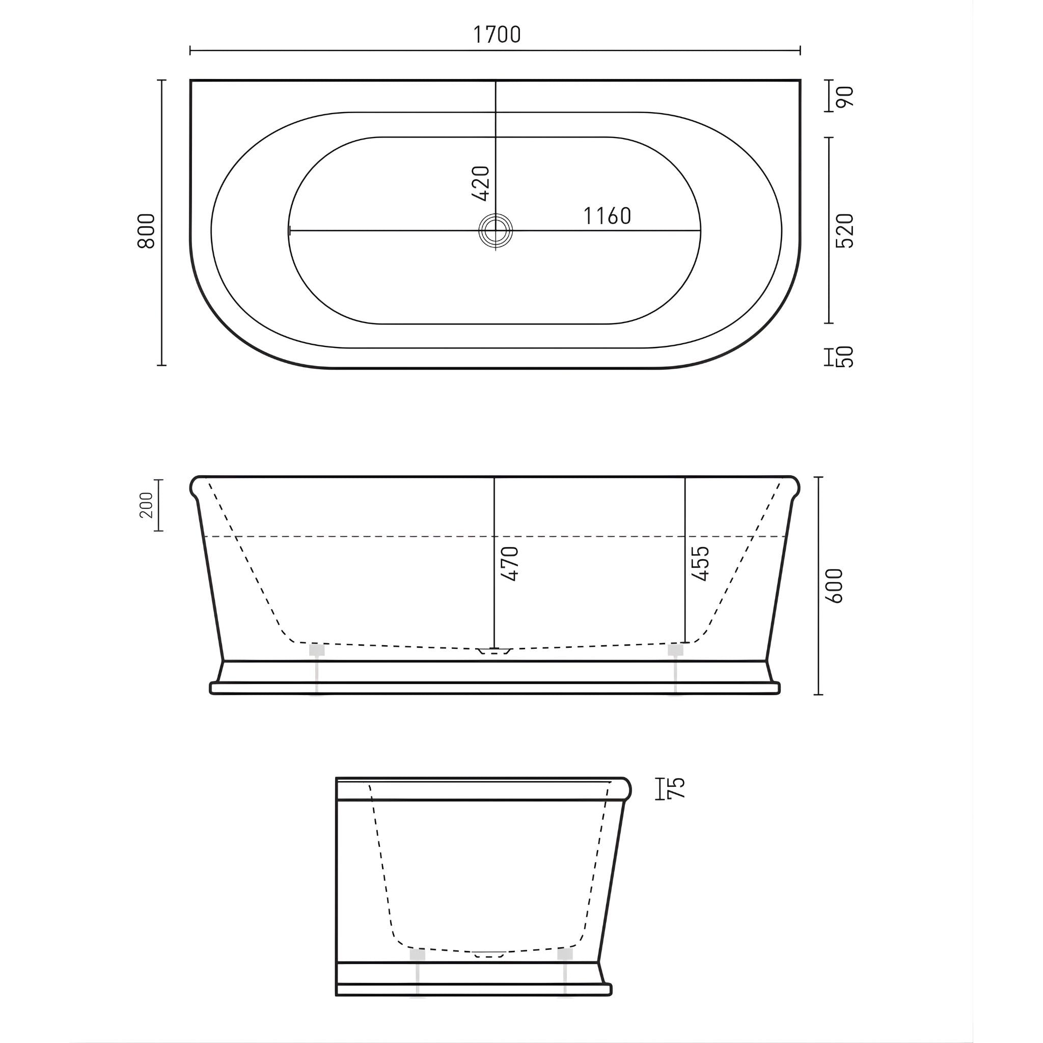 DECINA OXFORD BACK-TO-WALL FREESTANDING BATH GLOSS WHITE 1700MM