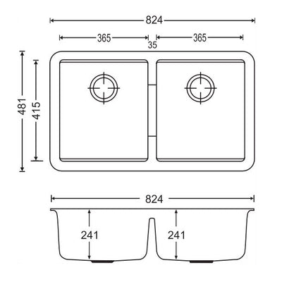 AQUAPERLA DOUBLE BOWL KITCHEN SINK BLACK GRANITE 824MM