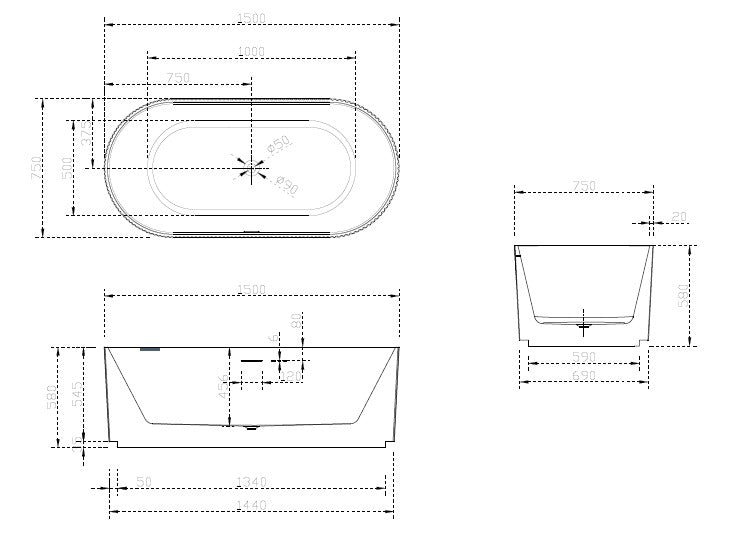 RIVA OSLO V-GROOVE FREESTANDING BATHTUB MATTE WHITE AND BLACK (AVAILABLE IN 1500MM AND 1700MM)