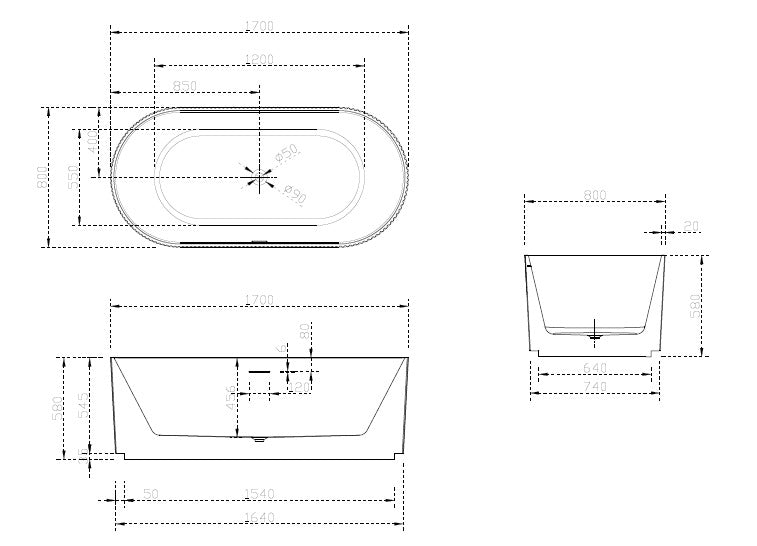 RIVA OSLO V-GROOVE FREESTANDING BATHTUB GLOSS WHITE (AVAILABLE IN 1500MM AND 1700MM)