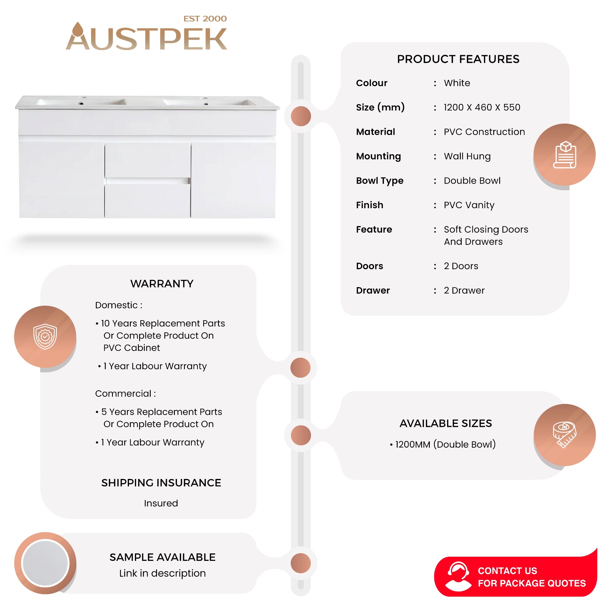 POSEIDON WHITE 1200MM DOUBLE BOWL WALL HUNG VANITY